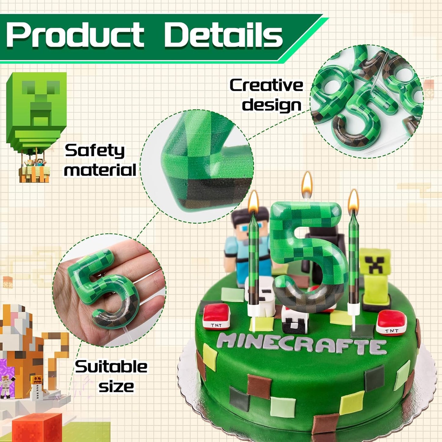 13 Pcs Dynamite Candles 12 TNT Themed Birthday Cake Candles and Number 5 Candle Cake Topper for Pixel Theme Birthday Party Anniversary Party Dynamite Theme Party Video Game Party Supplies (Number 5)