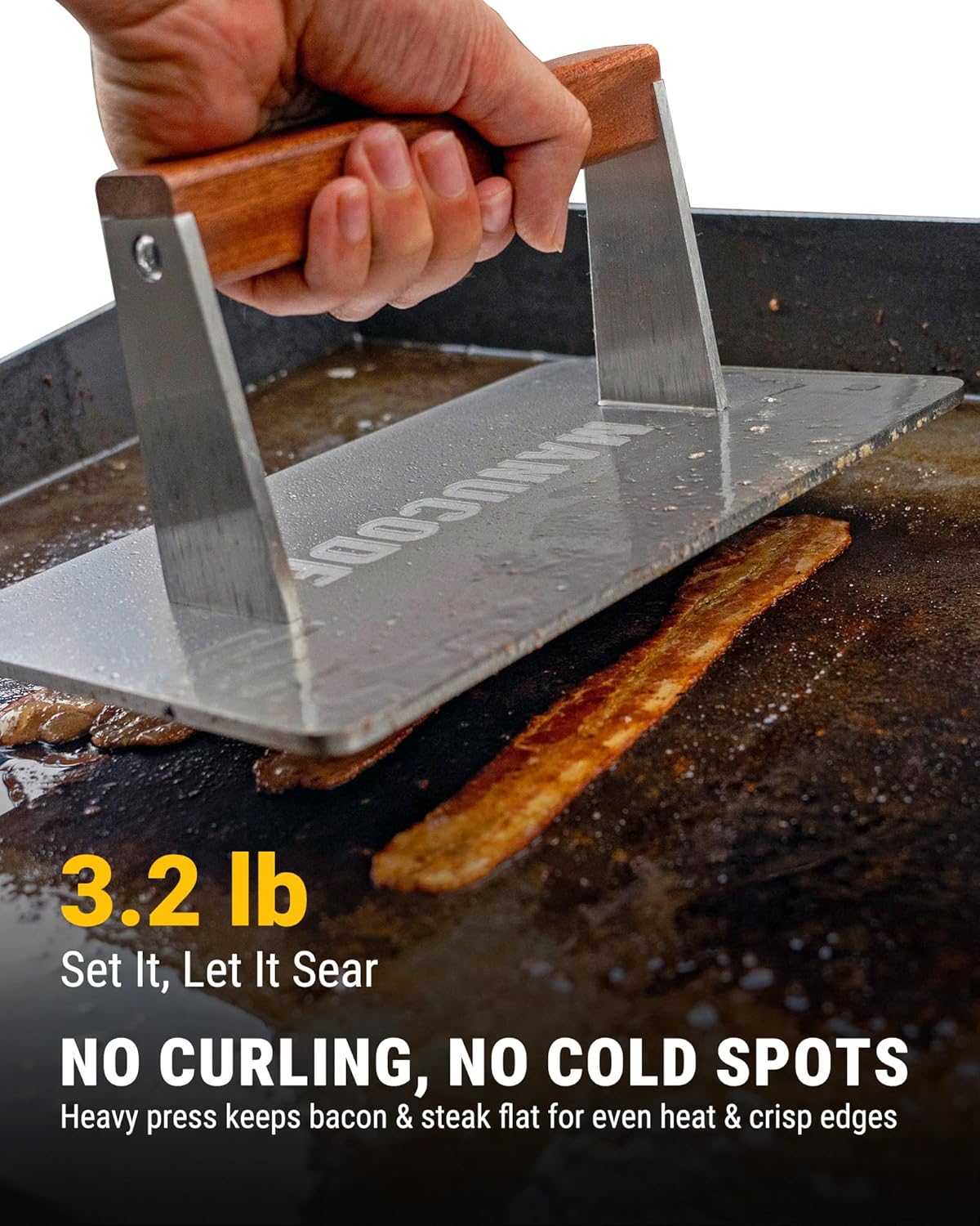 Stainless Steel Bacon Press - 3.2 LB Heavy Cooking Weight, Ideal for Flat Top Grill - Griddle Accessories for Searing Smash Burger, Steak, Sandwich - 9.25 x 5.7 Inches, Flat Bottom, Rectangle
