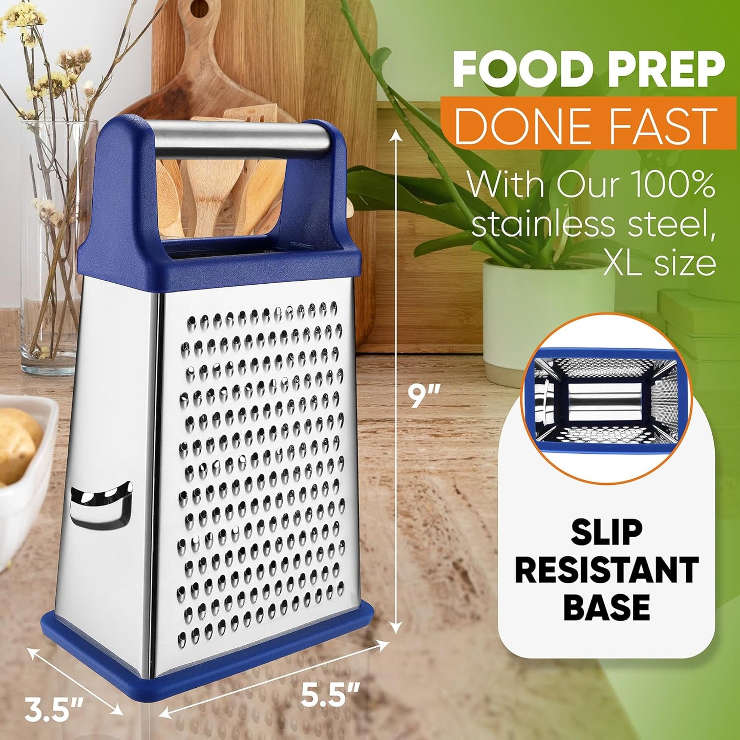 Spring Chef Stainless Steel XL Parmesan Cheese Grater with Handle - 4 Sided Metal Box Grater for Kitchen - Dishwasher Safe Potato Shredder for Hash Browns, Potato, Carrot, Vegetables - Sapphire