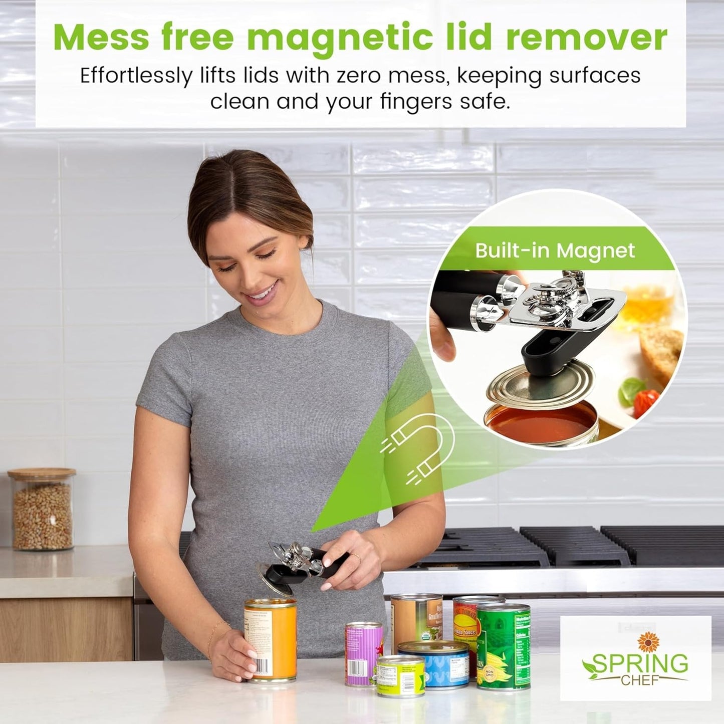 Spring Chef Stainless Steel Can Opener - Manual with Soft Grip Handles, Easy Turn, Heavy Duty Hand Can Openers for Seniors with Smooth Edge - Magnetic Lid Remover - Black