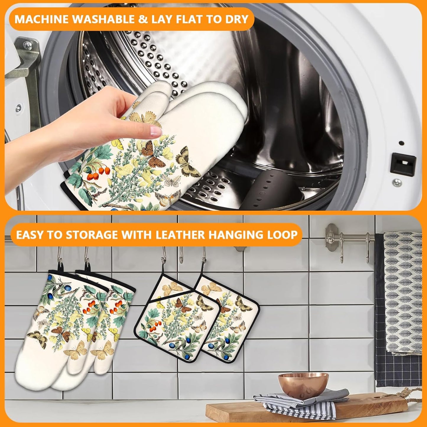 Wildflowers Butterfly Oven Mitts and Pot Holders Sets 4Pcs,Extra Long Oven Gloves Potholder for Kitchen Cooking Baking BBQ 100% Cotton Heat Resistant