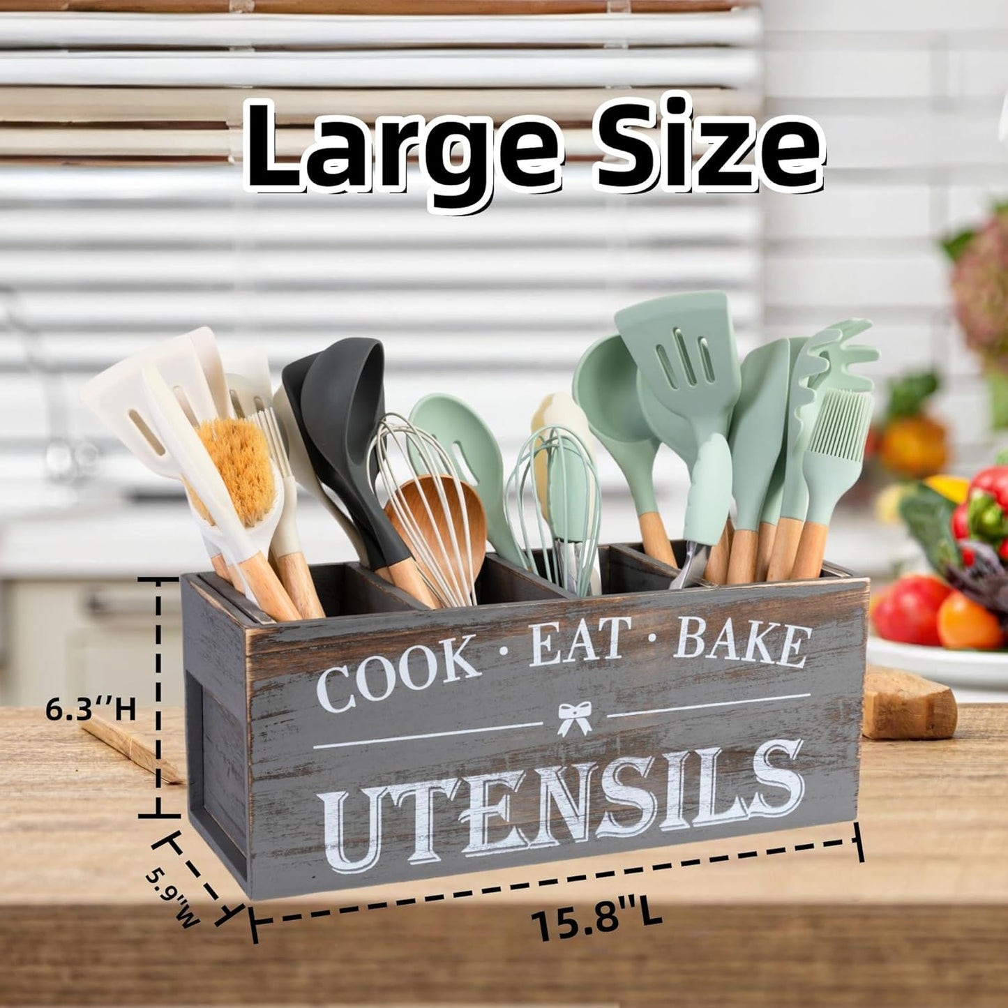 Utensil Holder,Extra Large Wooden Utensil Holder For Kitchen Counter,Cooking Spatula Organizer,Big Storage Caddy With 4 Compartments Flatware Spoon Tool Cutlery（Grey）