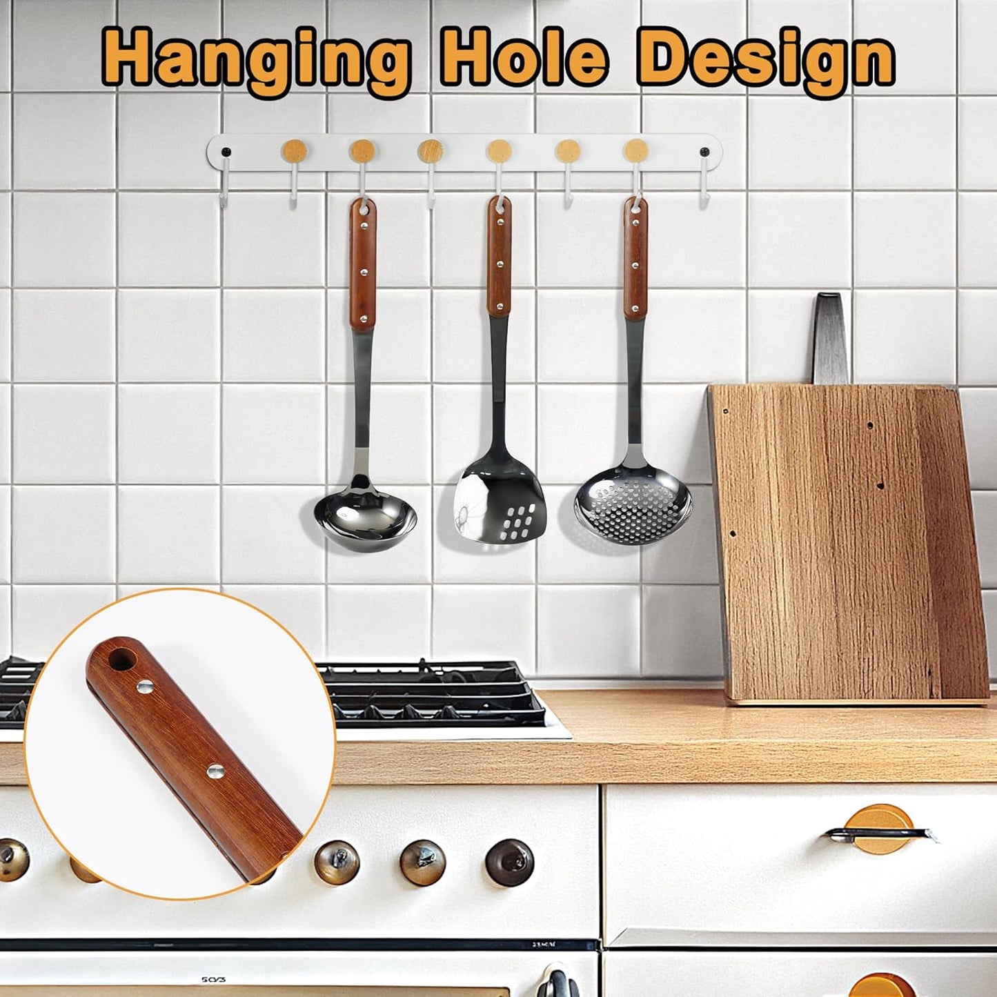 FJNATINH Stainless Steel Wok Spatula,Ladle,Skimmer Ladle Tool Set,Mirror Polished Cooking Utensils with Wooden Handle,Easy to Clean Wok Accessories,Black 3 PCS