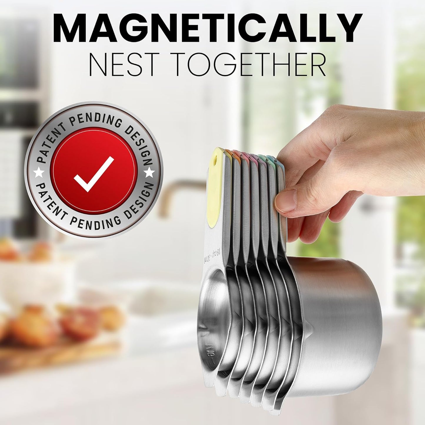 Spring Chef Magnetic Stainless Steel Measuring Cups, Patented, Kitchen Tools with Easy to Read Markings for Measuring Dry or Liquid Ingredients, Set of 7, Pastel