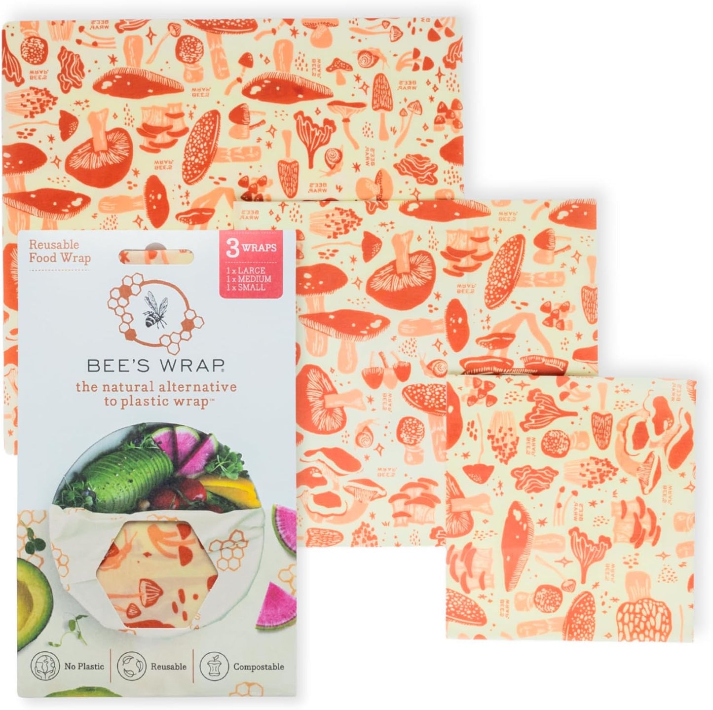 Bee's Wrap Beeswax Wraps for Food - Mushroom Magic 3 Pack (S, M, L) Made in USA Reusable & Organic Food Wraps, Sandwich Wrap & Bowl Covers - Eco-Friendly Alternative to Aluminum Foil & Plastic Wrap