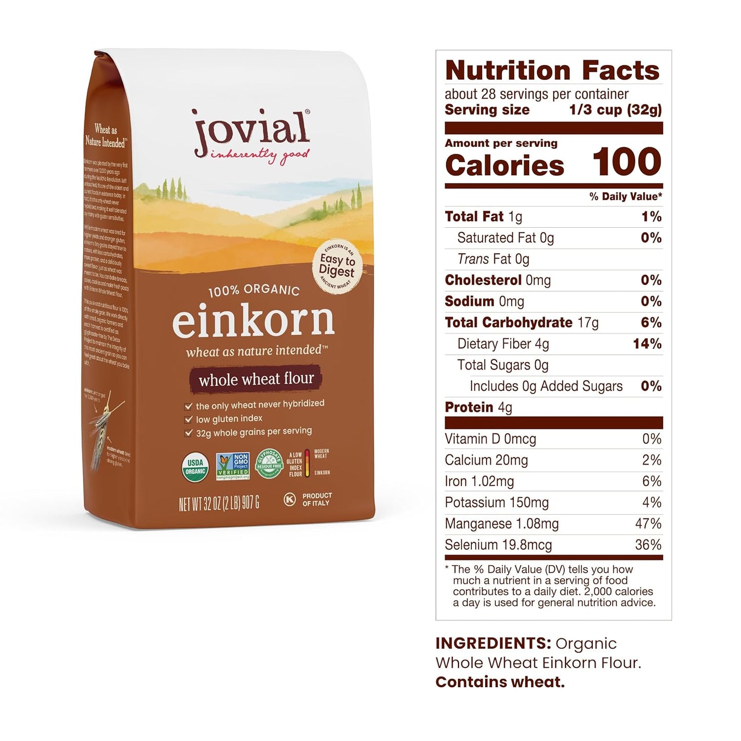 Jovial Einkorn 100% Organic Einkorn Whole Wheat Flour - Baking Flour, High Protein, Non-GMO, USDA Certified Organic, Unbleached Flour, Product of Italy, Organic Whole Wheat Flour - 32 Oz (2 Pack)
