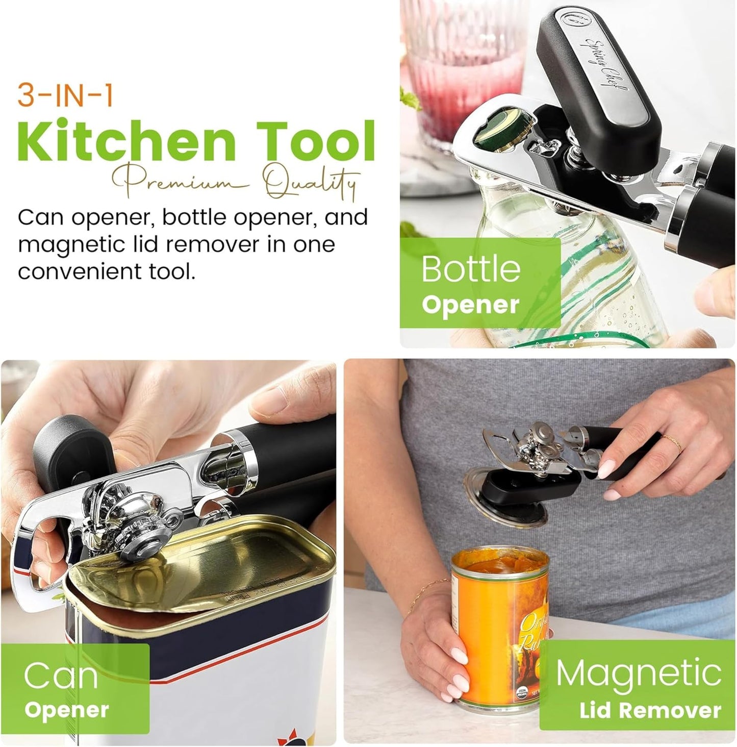 Spring Chef Stainless Steel Can Opener - Manual with Soft Grip Handles, Easy Turn, Heavy Duty Hand Can Openers for Seniors with Smooth Edge - Magnetic Lid Remover - Black