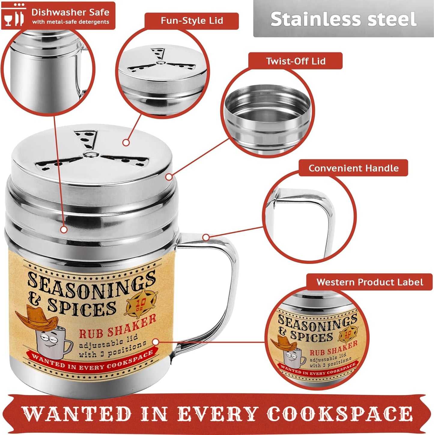 CUSINIUM [Pack of 2] 10 oz Seasonings Spice Shakers - BBQ Dry Rub Shakers - Cooking Dredge with Adjustable Fan-Style Lid and Handles