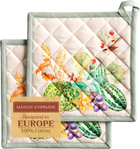 Maison d' Hermine Pot Holders Set 100% Cotton Heat Resistant Potholders 8" x 8" Hot Pads with Loop BBQ, Cooking, Baking, Grilling, Kitchen, Handling Hot Pans (Pack of 2, Lumina)