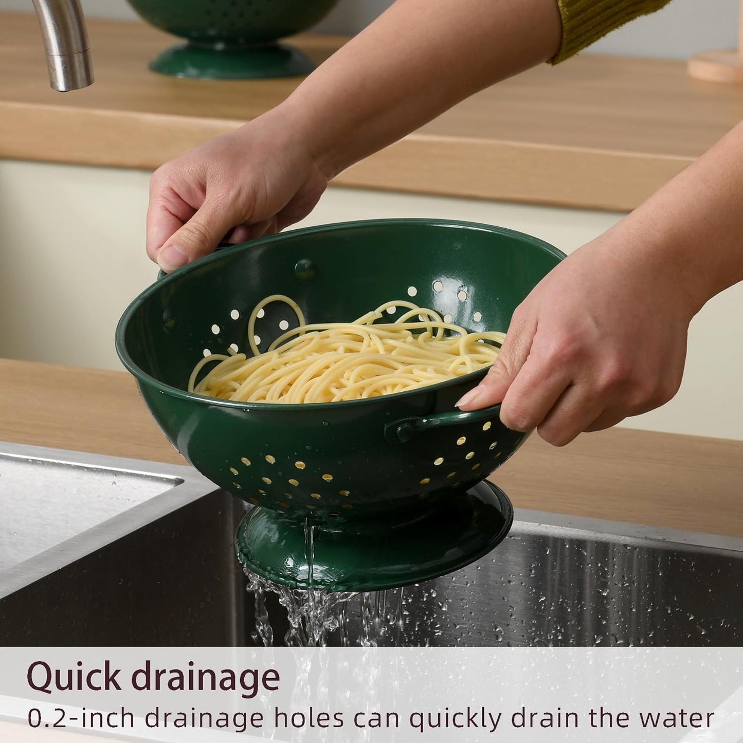 Metal Colander Set of 3, Strainer Basket with Handles perfect for Spaghetti, Pasta, Berry, Vegetable, Fruit, Solid Base Powder Coated Kitchen Essential Strainer Set, 1 & 3.5 & 5 Qt (Dark Green)