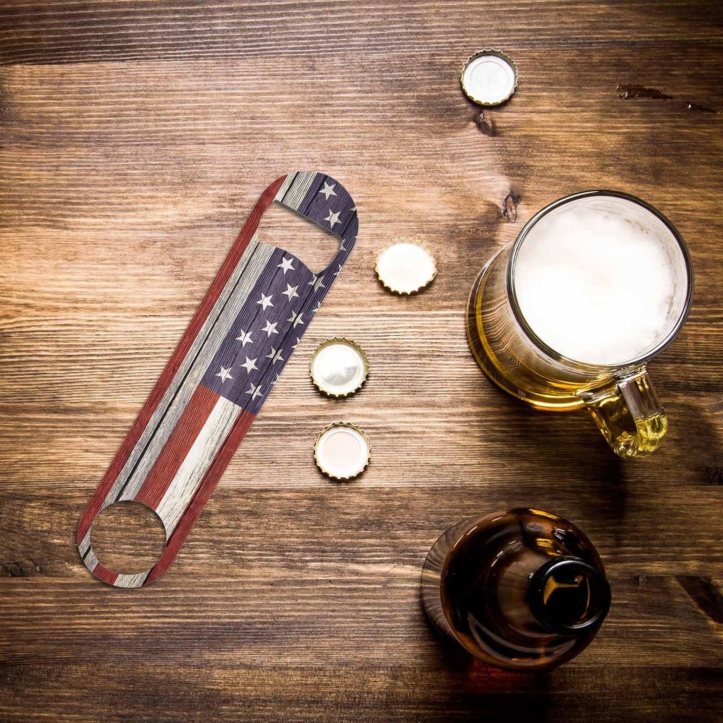 United States Flag Stainless Steel Bottle Opener America Flag Freedom Vintage Rustic Wooden Plank Patriotism Flat Beer Bottle Opener Keychain for Home Kitchen Bar Restaurant Party Gift