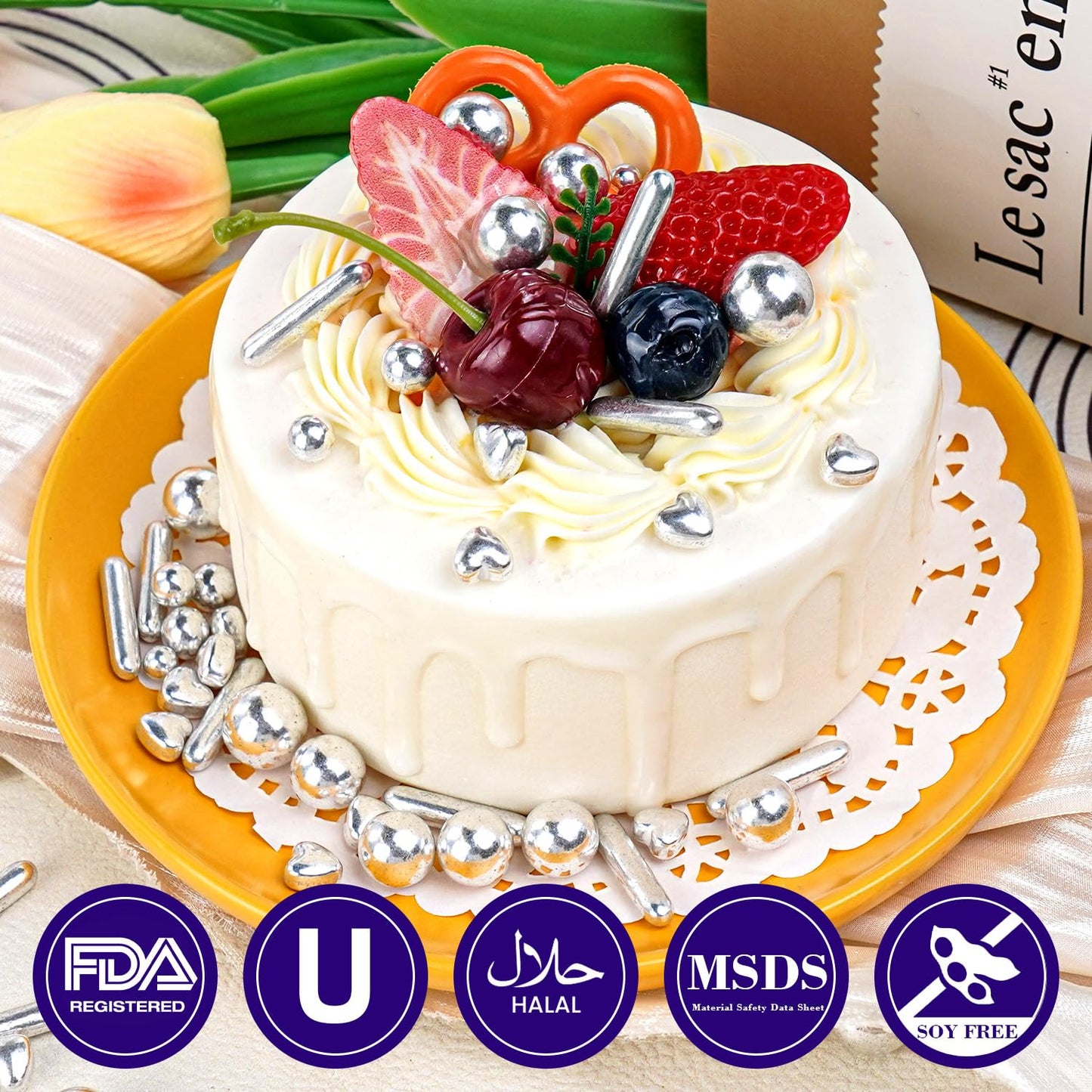 Dazzjoy Edible Silver Pearl Heart Rods Sprinkles, 130g/4.58oz, Mix Size, Silver Pearl Sprinkles for cupcake decorating, Cupcake Toppers Cake Decorations