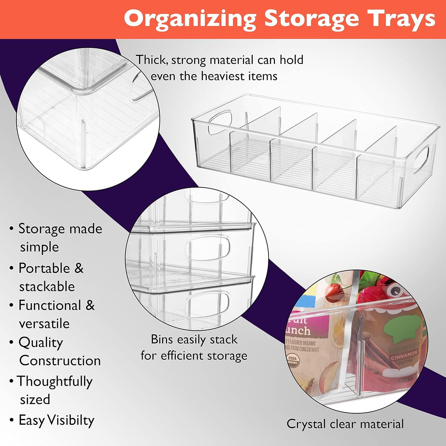 ClearSpace Plastic Pantry Organization and Storage Bins with Removable Dividers – 4 Pack XL Perfect Kitchen Organization or Kitchen Storage – Refrigerator Organizer Bins, Cabinet Organizers