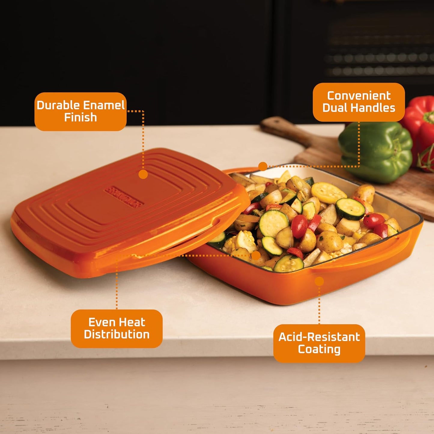 Bruntmor 2-in-1 Square Pumpkin Spice Cast Iron Dutch Oven With Handles, Enamel All-in-One Cookware Set, Braising Pan For Casserole Dish, Crock Pot Covered Cast Iron Skillet