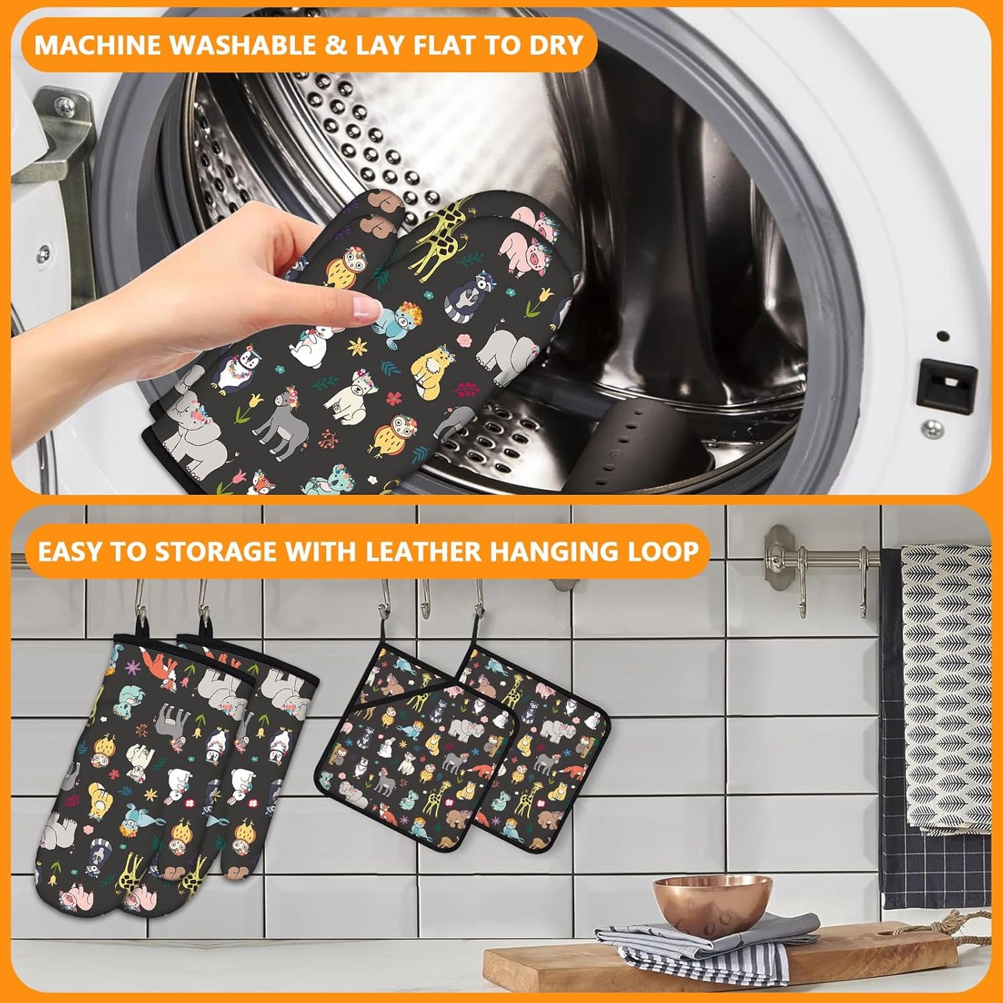 Cute Animals Oven Mitts and Pot Holders Sets 4Pcs,Extra Long Oven Gloves Potholder for Kitchen Cooking Baking BBQ 100% Cotton Heat Resistant