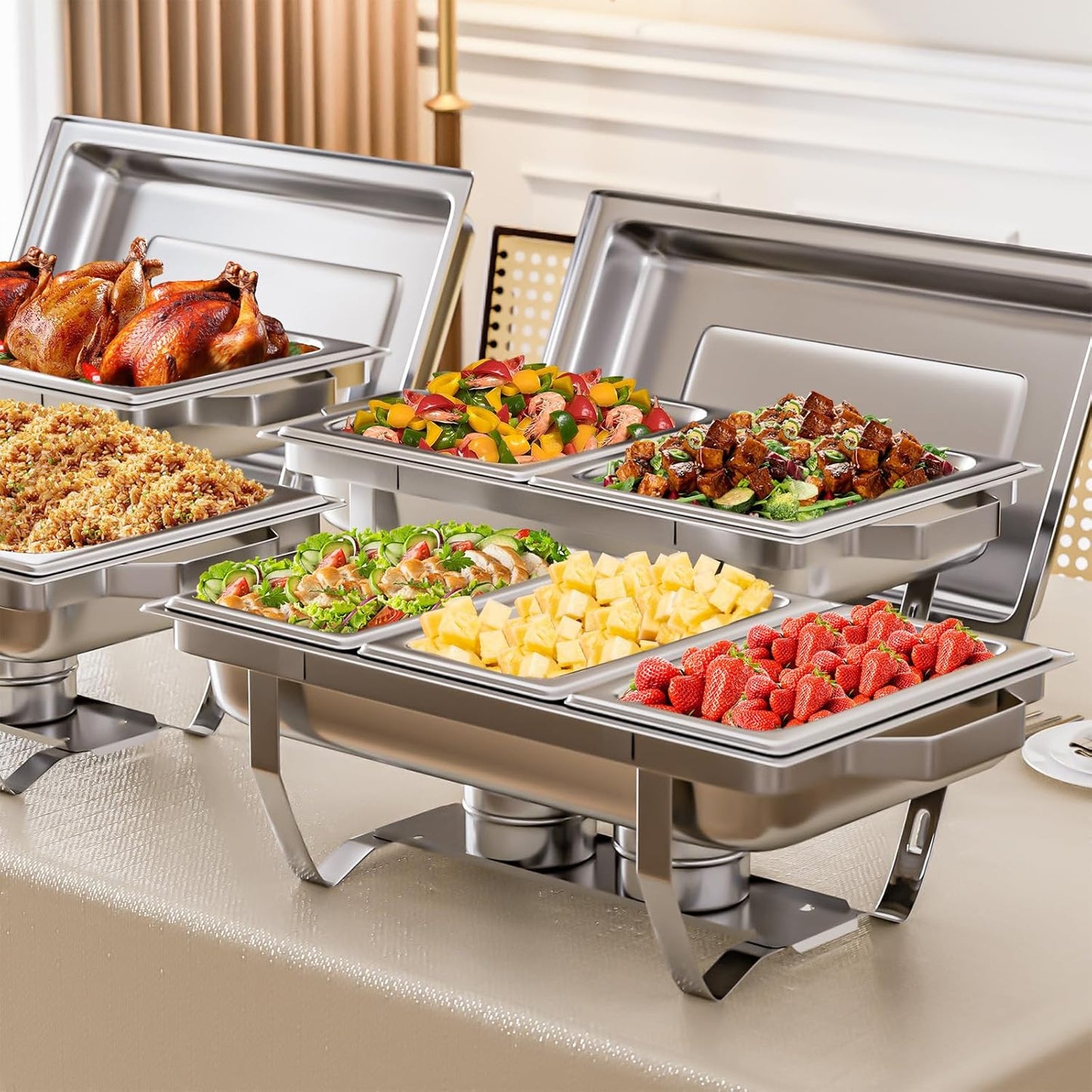 4 Pack Chafing Dish Buffet Set, 8QT Stainless Steel Rectangular Chafers and Buffet Warmer Sets 7 Pans Rolled-Edge Design for Catering Event Party Holiday