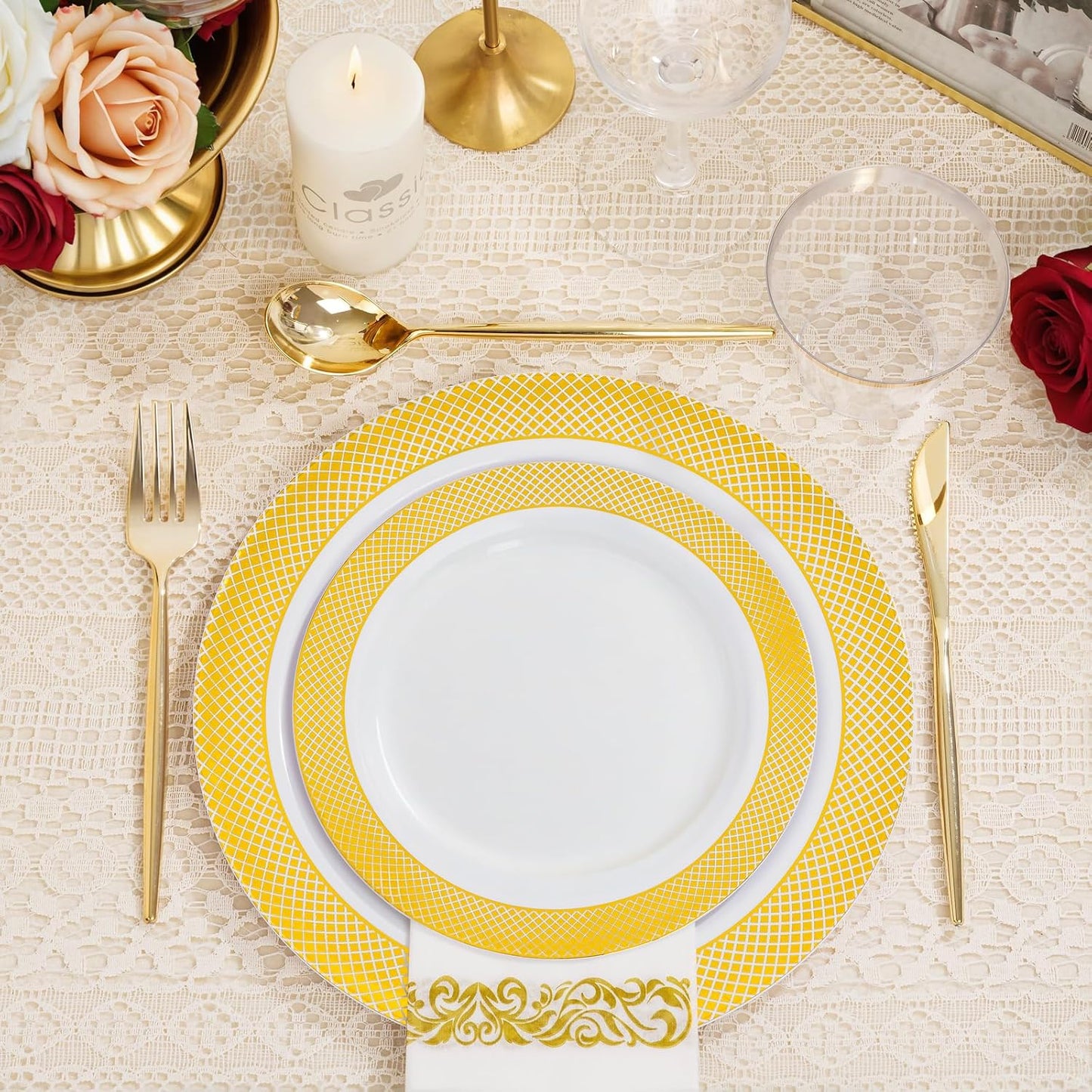 I00000 102 Pcs Gold Plastic Plates, Disposable Party Plates Include 51 Gold Dinner Plate 10.25’’ and 51 Disposable Dessert Plate 7.5’’ Perfect for Party & Wedding