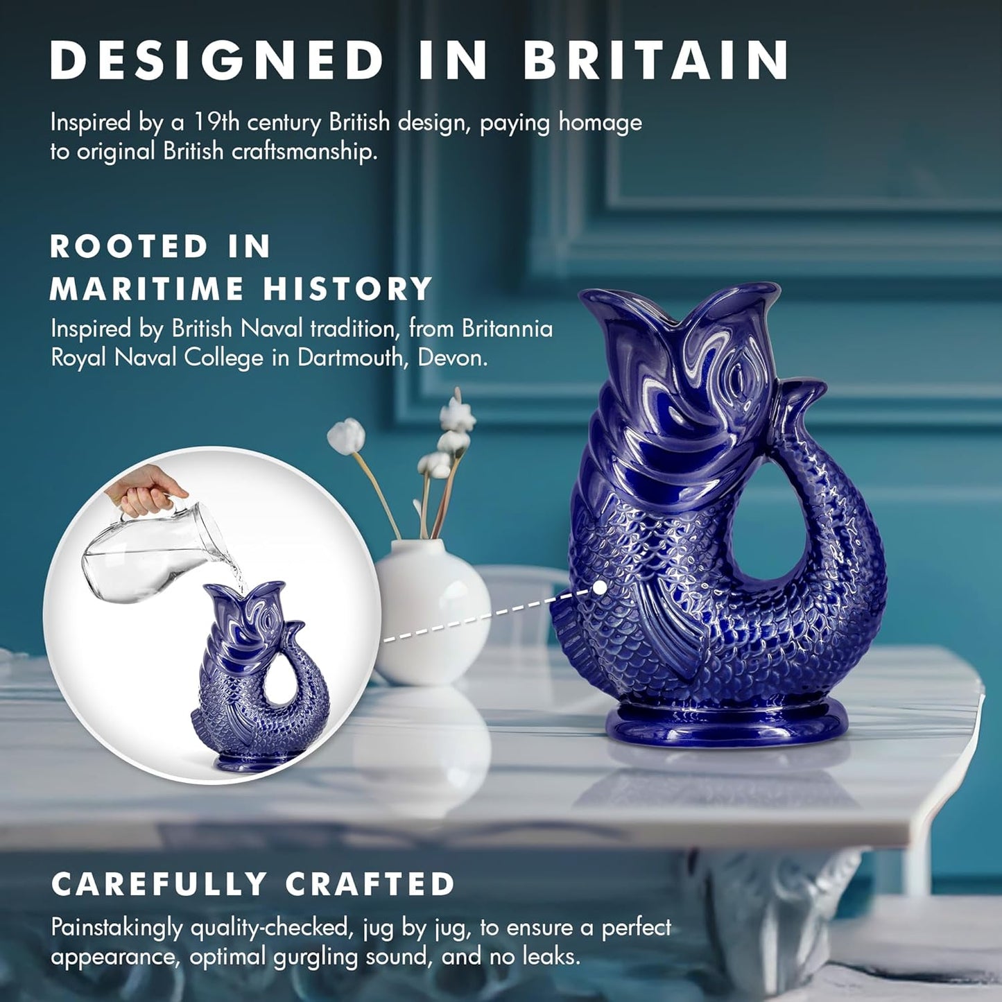 Gurgle Glug Jug The Bubble Jug® Surf Blue 50 fl oz 1.5L Litre Extra Large Pitcher - Fish Shaped Jug - Decorative Ceramic Glugging Cocktail, Water and Gin Vase and Gurgling Carafe Pot