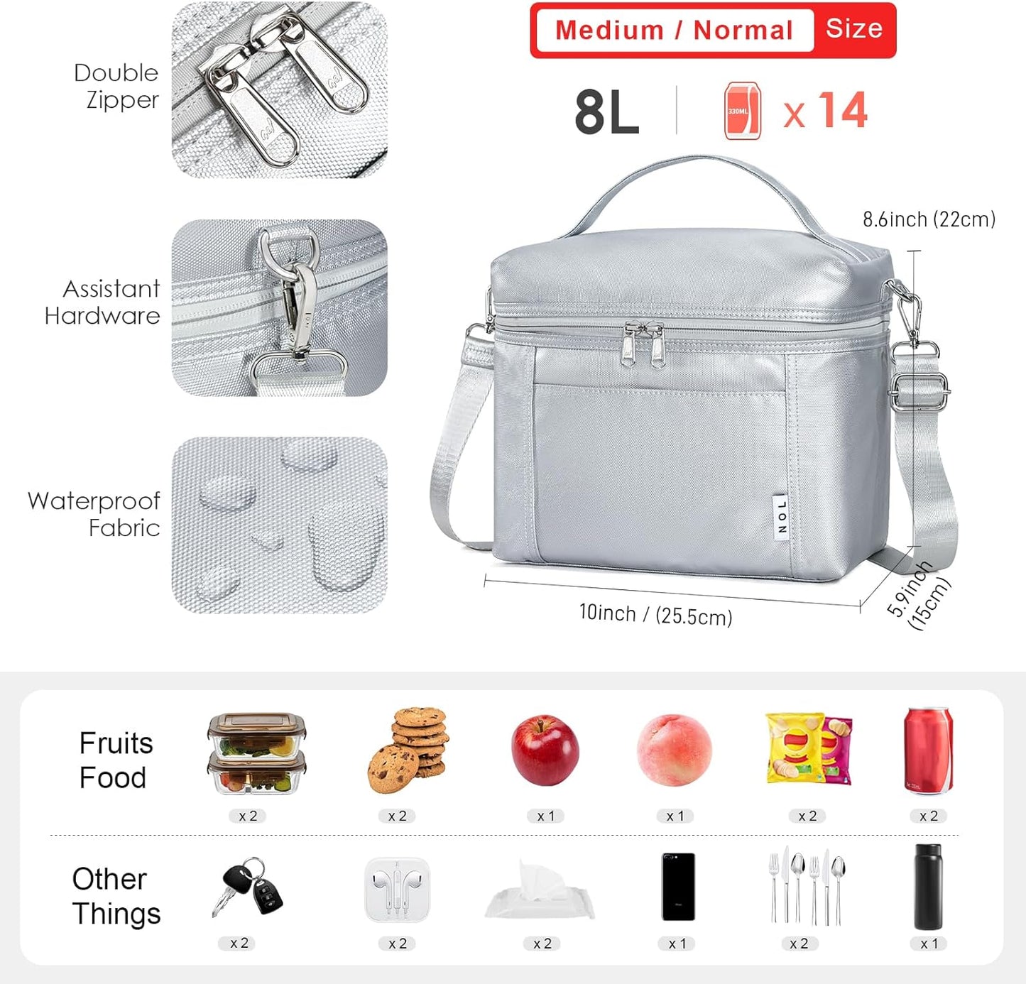 NOL Natural Organic Lifestyle Insulated Lunch Bags for Women Cooler Bag Lightweight Nylon Waterproof Lunch Box For Work (Silver, Medium(normal))