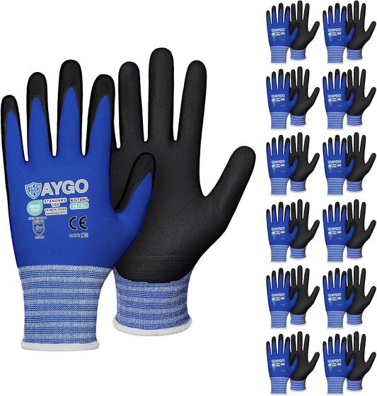 Safety Work Gloves MicroFoam Nitrile Coated-12 Pairs,KAYGO KG18NB,Seamless Knit Nylon Glove with Black Micro-Foam Nitrile Grip,Ideal for General Purpose,Automotive,Home Improvement,Blue