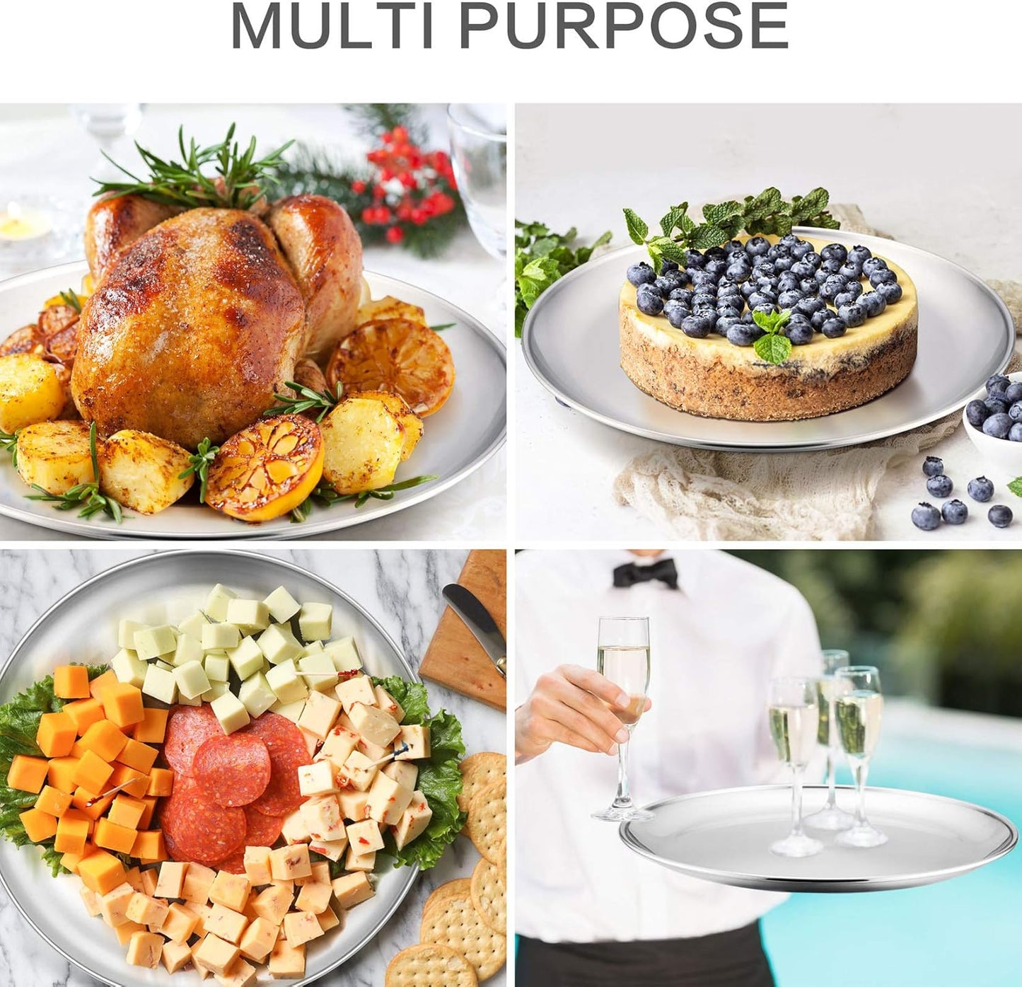 P&P CHEF 12 + 12 + 13.5 Inch Pizza Pan, 3 Pieces Stainless Steel Round Pizza Tray Dish Plate For Oven Baking Roasting, Healthy & Heavy Duty, Rust Free & Dishwasher Safe -Silver