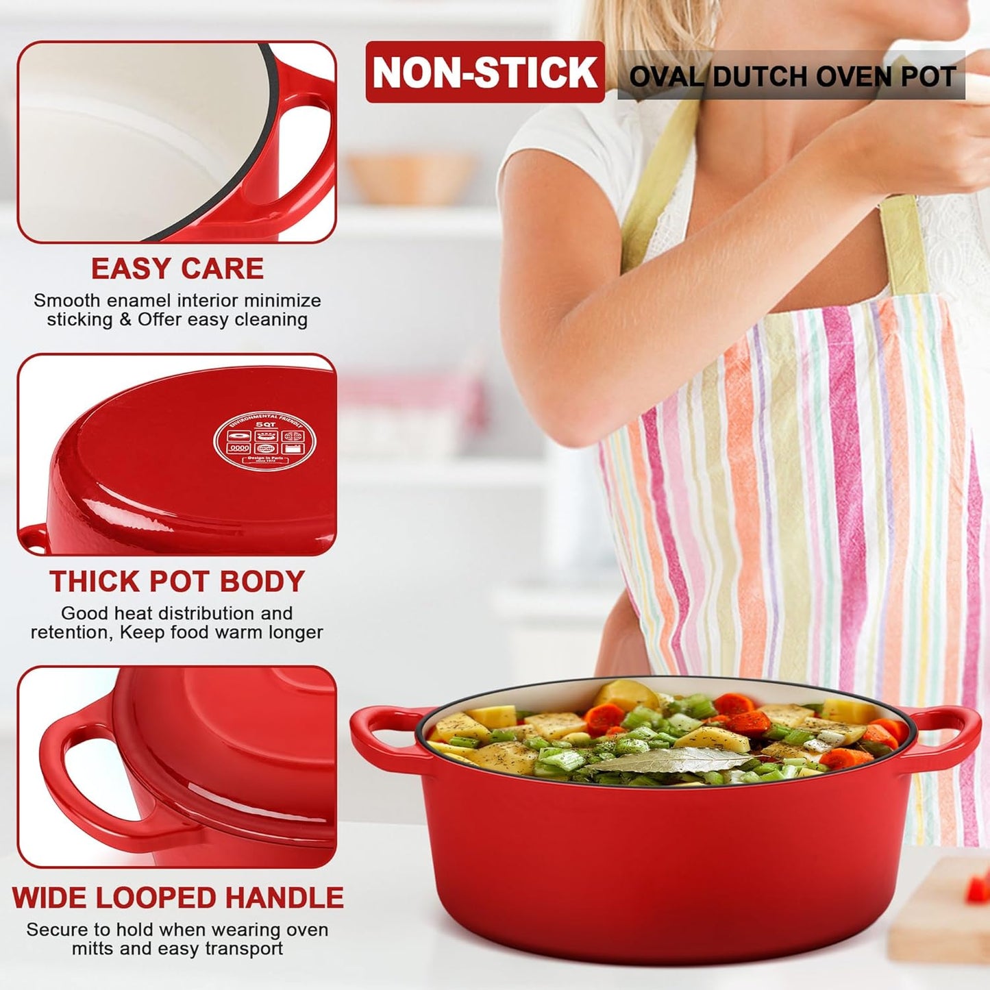 E-far 7QT Oval Dutch Oven Pot with Lid, Enameled Cast Iron Dutch Oven with Dual Handles for Sourdough Bread Baking Cooking, Nonstick Enamel Coated Cookware(Red), Non-Toxic & Easy Clean