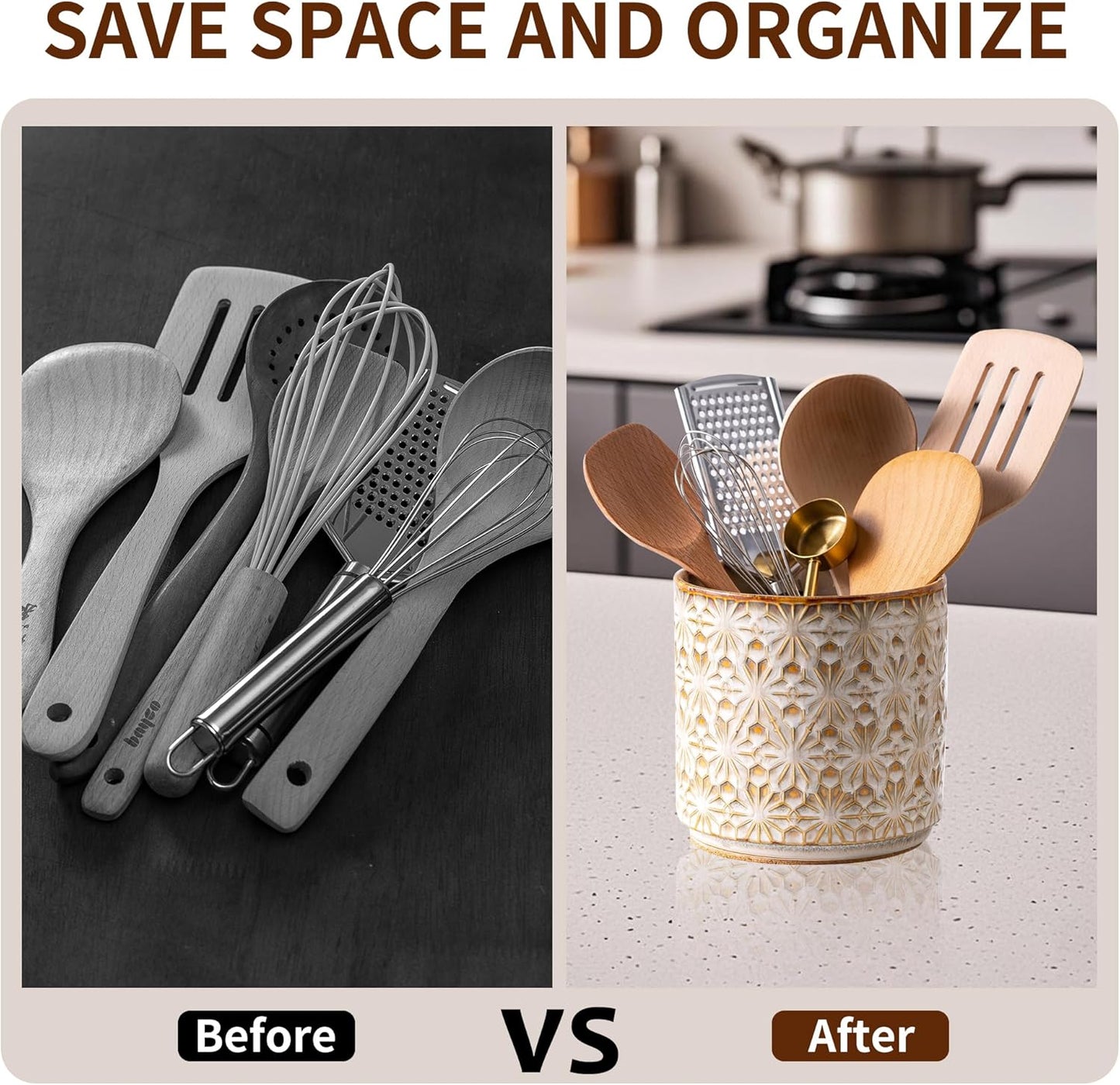 Utensil Holder Rustic Farmhouse Ceramic Utensil Crock for Countertop - 5.3" Handcrafted Kitchen Cooking Utensil Crocks with Cork Base, Natural Finish for Kitchen Tools Storage