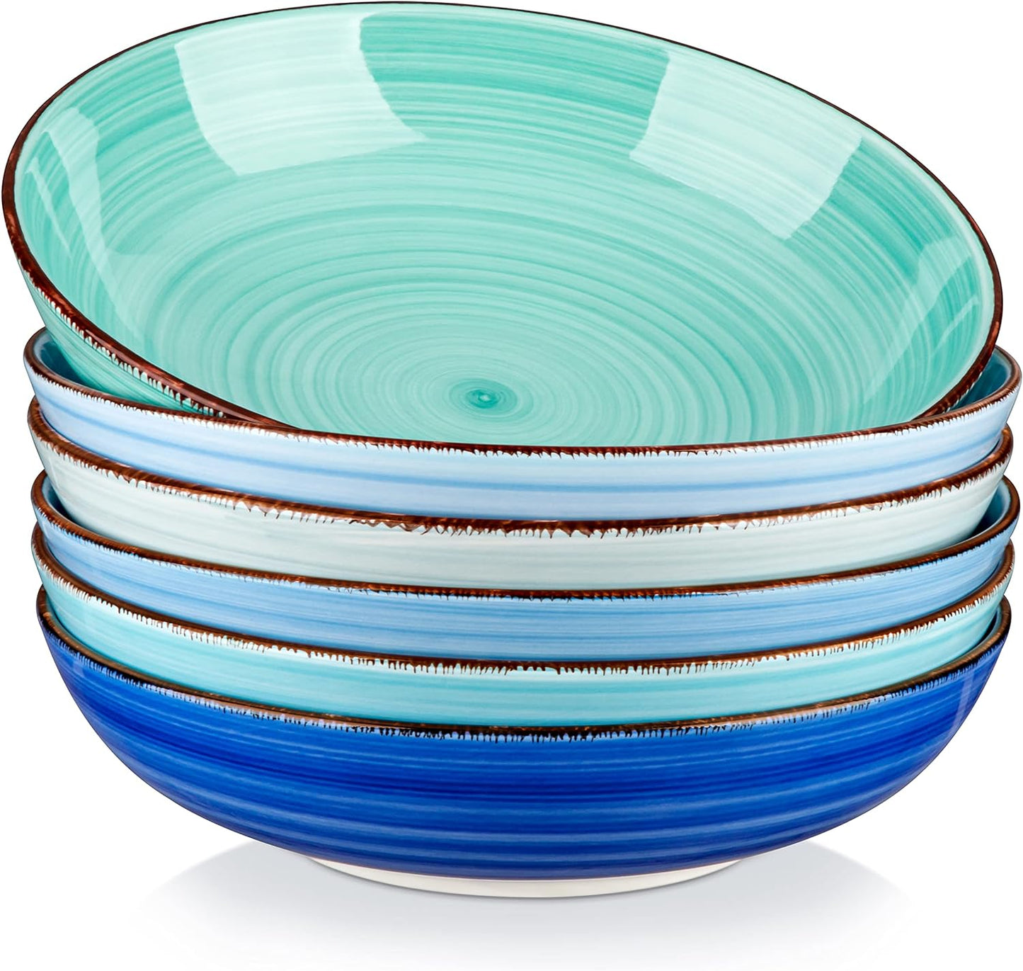 vancasso Bonita Pasta Bowls Set of 6, 38 oz Shallow Bowls, Ceramic Pasta Plates and Salad Bowls, Microwave & Dishwasher Safe Serving Bowls, Blue