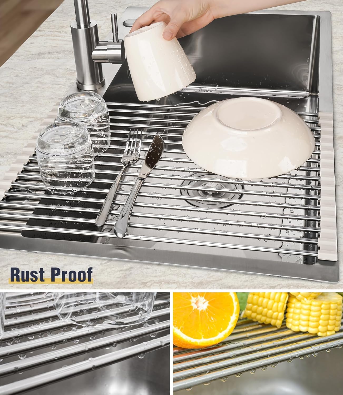 Tomorotec 17.7" x 12.5" Roll Up Dish Drying Rack Over Sink Drying Rack Sink Cover Kitchen Sink Accessories Gadget Multipurpose Organizer Foldable Stainless Steel Drainer