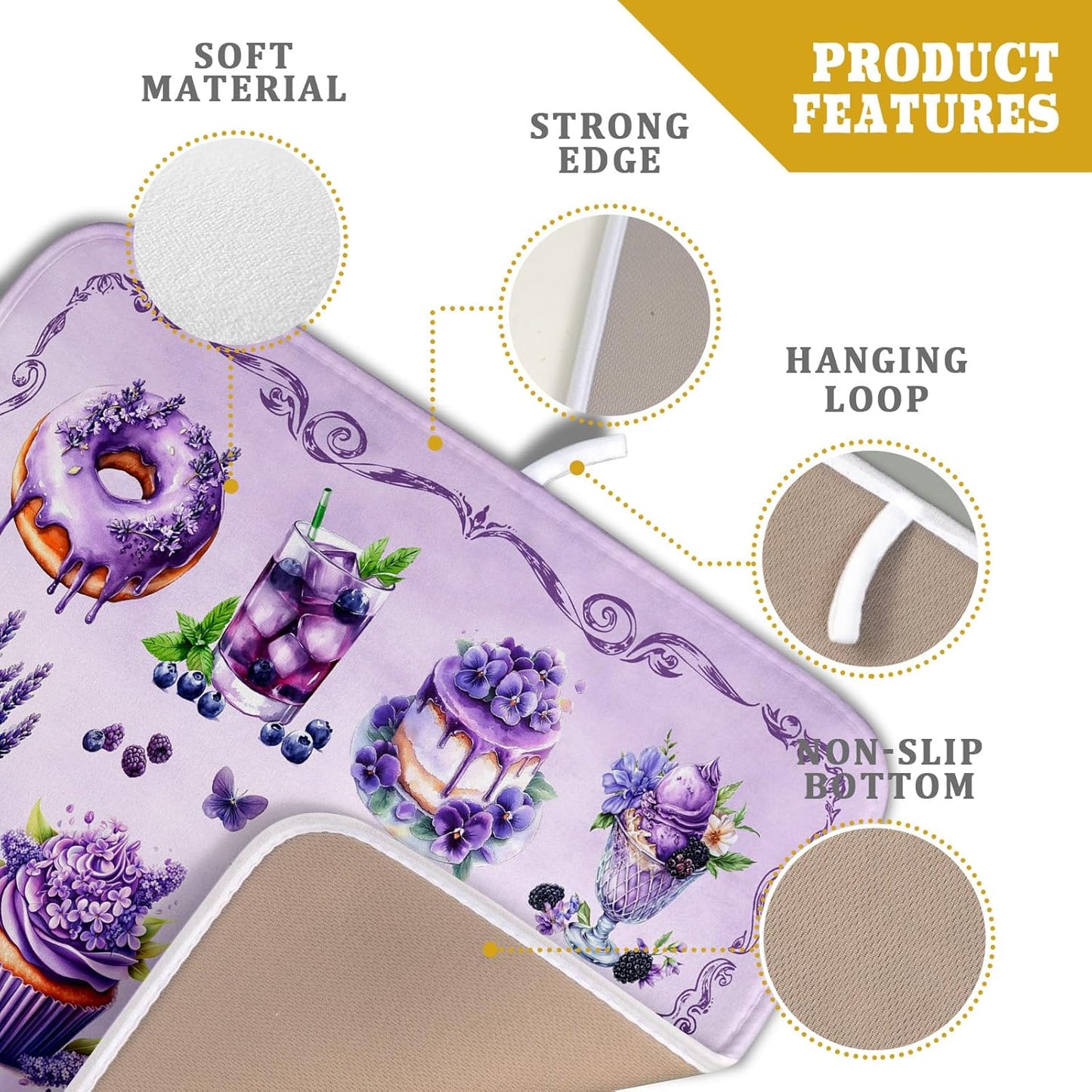 Purple Dish Drying Mats for Kitchen Counter Washable Drying Pad Absorbent Coffee Mat - Delicious Afternoon Tea