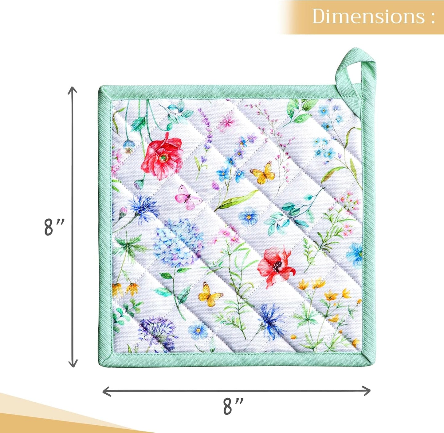 Maison d' Hermine Pot Holders Set 100% Cotton Heat Resistant Potholders 8" x 8" Hot Pads with Loop BBQ, Cooking, Baking, Grilling, Kitchen, Handling Hot Pans Spring/Summer (Pack of 2, Just Floral)