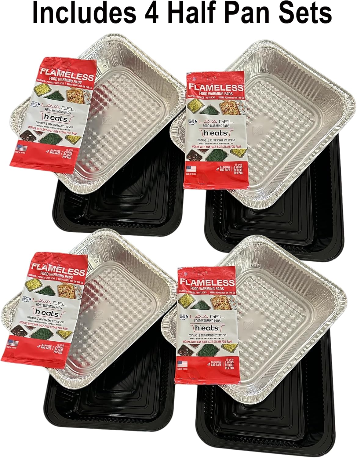 Self-Heating Buffet Kit – Flameless Food Warmer Set for Parties – Includes 4 Trays, 4 Half-Size Heat Pads & Foil Pans – Keeps Hot Food Hot for up to 3 Hours – Gel Fuel Can Alternative