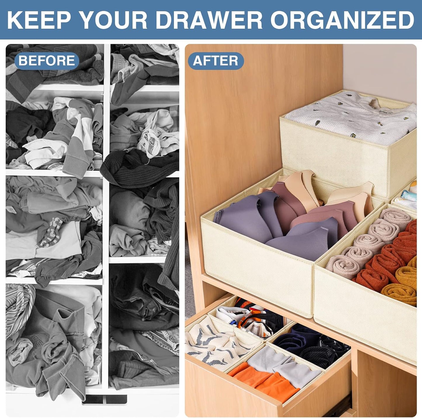 Criusia Drawer Organizer Clothes, 24 Pack Dresser Organizer Bins for Nursery Bedroom, Closet Organization and Storage Dividers for Clothing, Baby Clothes, Underwears, Socks (Beige)