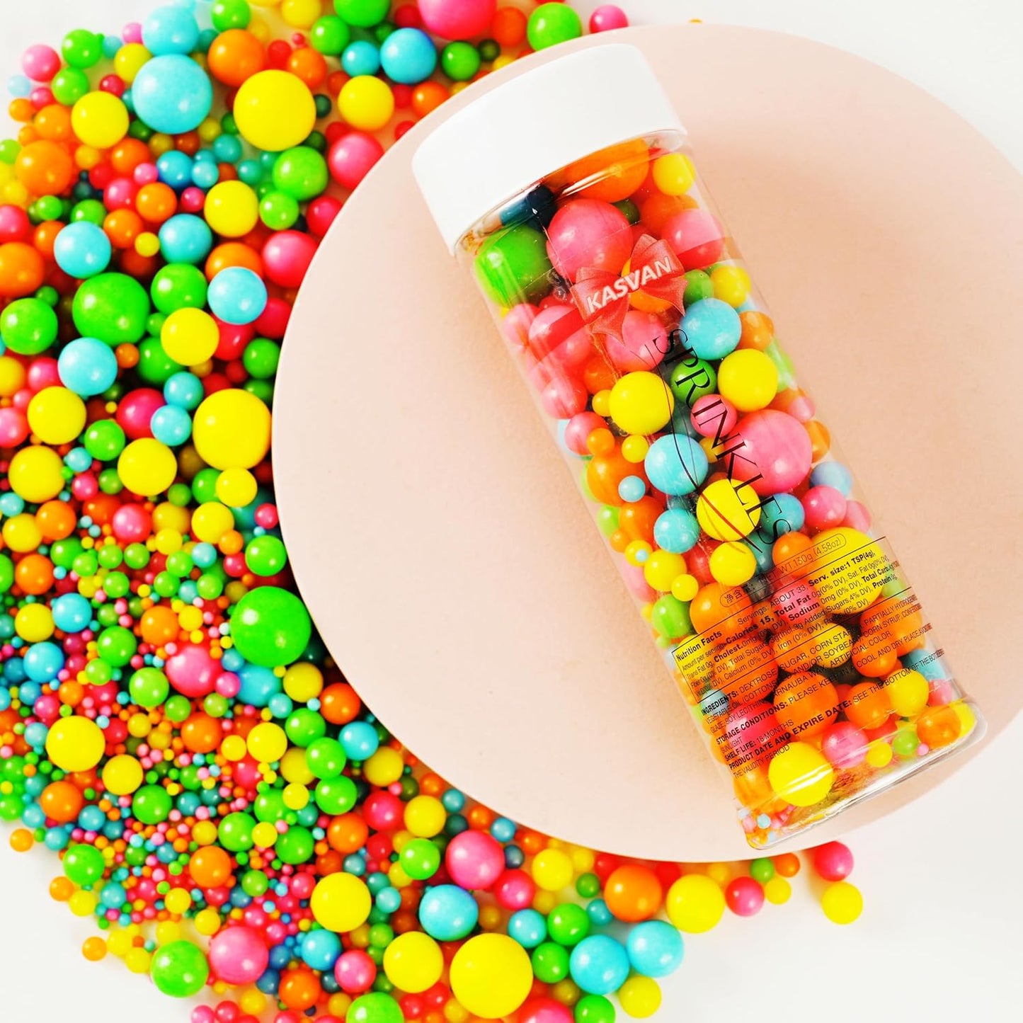 Kasvan Rainbow Pearl Sugar sprinkles - Edible Candy Pearls 130g/4.58 Oz, Mix Size Cake Candy, Decorate Cakes, Cookies, Ice Cream (Rainbow)