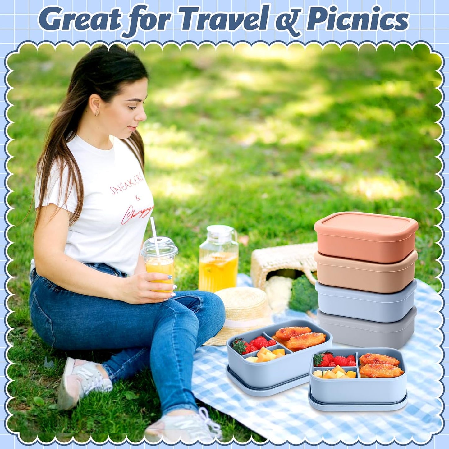 Honeydak 4 Pcs Silicone Bento Lunch Box 3 Compartment Reusable Leakproof Silicone Bento Lunch Container for Adults Microwave Dishwasher Freezer Safe(Grey,Blue,Khaki, Orange)