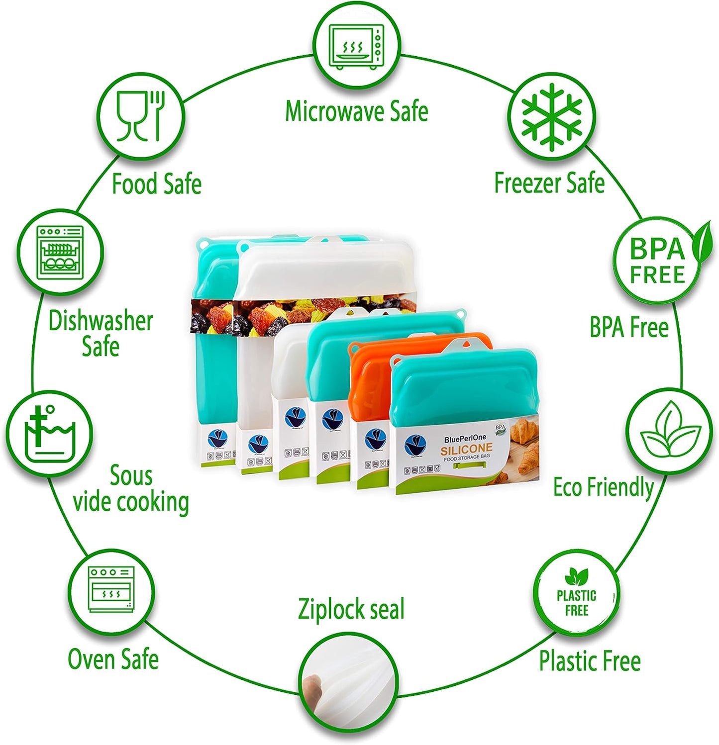 15 Ounce Dish washer safe, BluePerlOne 100% Food Grade Silicone, Reusable Zipper Storage Bags for Microwave, Oven, Fridge, Freezer & Sous Vide. (Orange/ 2 cups)-15 oz. - 1 Bag