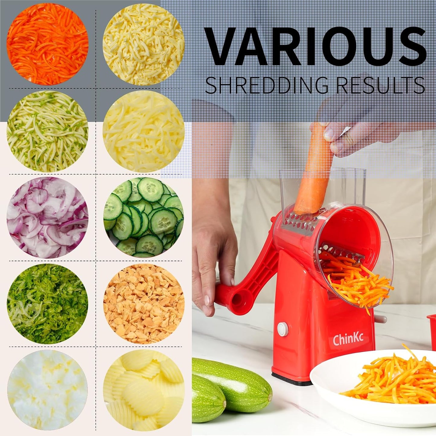 Rotary Cheese Grater Shredder - Upgraded 5 in 1 Cheese Grater with Handle and Strong Suction Base, Multi-purpose Julienne Slicer Ice Shaver Nuts Grinder for Ice, Vegetables, Fruit, Nuts