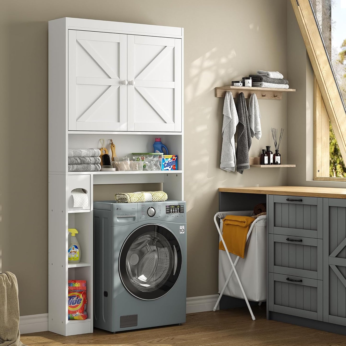 Furnideco Over The Toilet Storage Cabinet with Barn Doors, 32.3''W Free Standing Toilet Storage Shelf Space Saver with Adjustable Bottom Bar, White