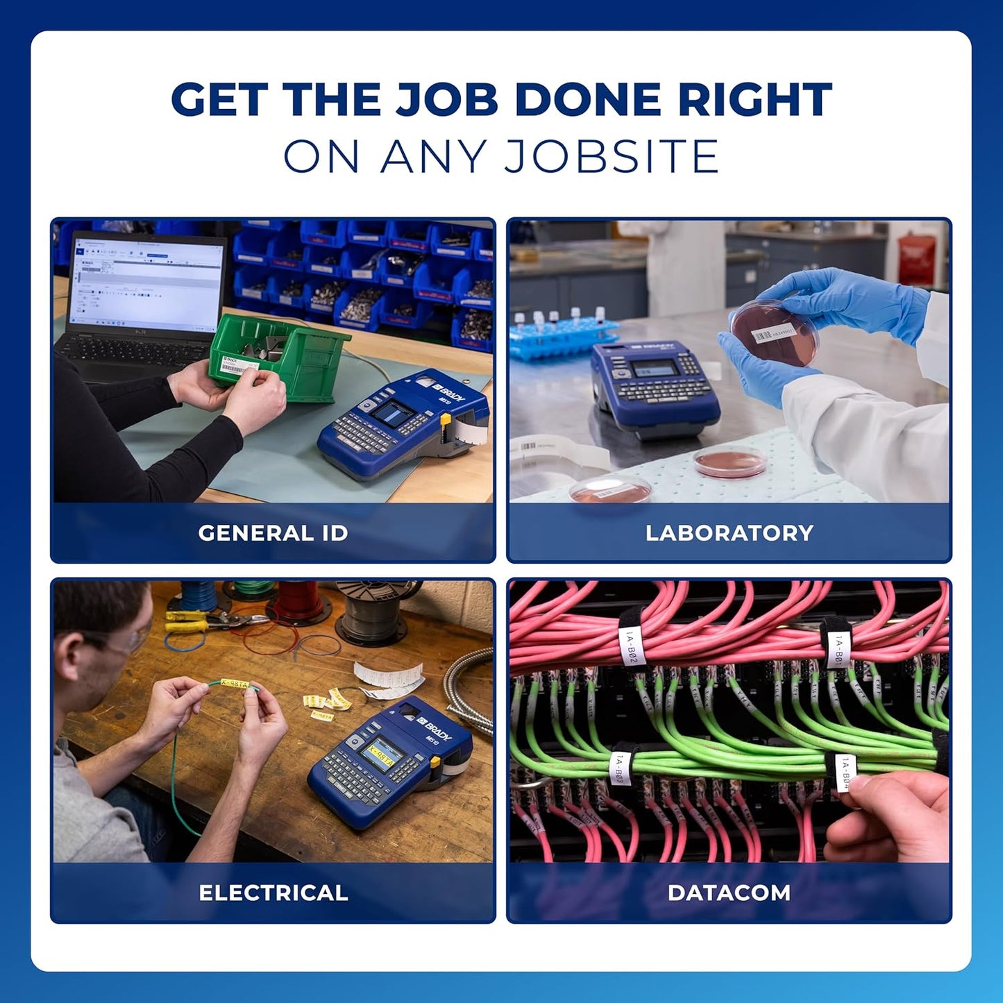 Brady M510 Portable Industrial Label Printer, 1.5" Wide Labels, Single Color Thermal Printing, for Laboratory, Field, or Facility, Blue/Gray, 3.75" H x 5.75" W x 10" D