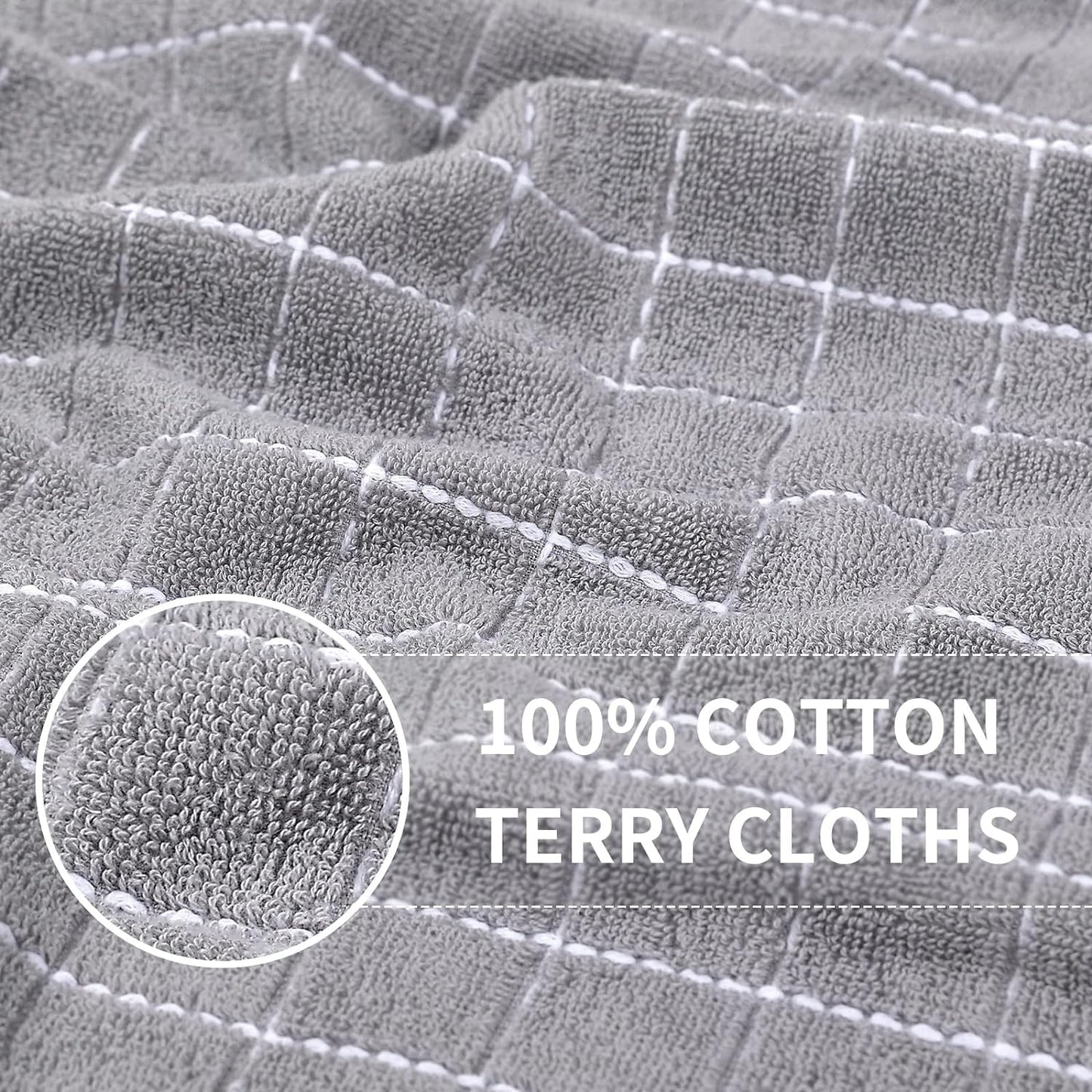 Homaxy 100% Cotton Terry Kitchen Towels(Light Grey, 13 x 28 inches), Checkered Designed, Soft and Super Absorbent Dish Towels, 6 Pack