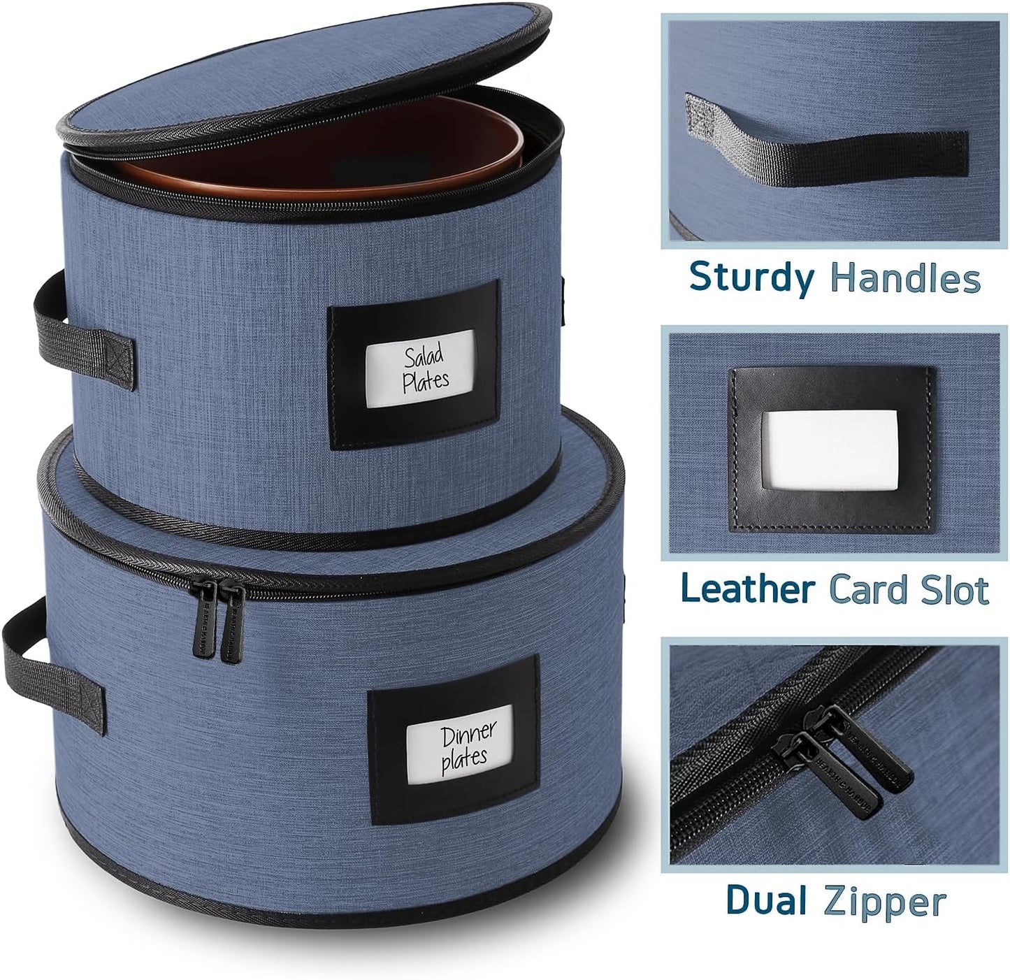 Fine China Storage Containers Hard Shell, 4 Piece Dish Storage Containers, Quilted Plate Containers, Stackable Dish Organizer with Dividers, Dinnerware Storage for Moving and Seasonal Storage, Blue