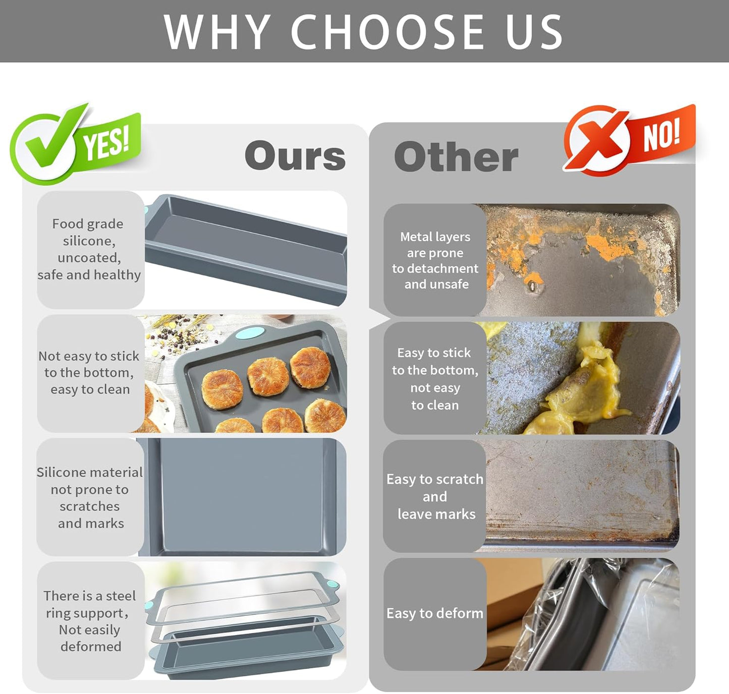 To encounter Silicone Baking Pans Set, 4 Pieces Nonstick Bakeware Set with Baking Pans, Baking Sheets, Cookie Sheets, Cake Pan with Metal Reinforced Frame More Strength, Light Grey