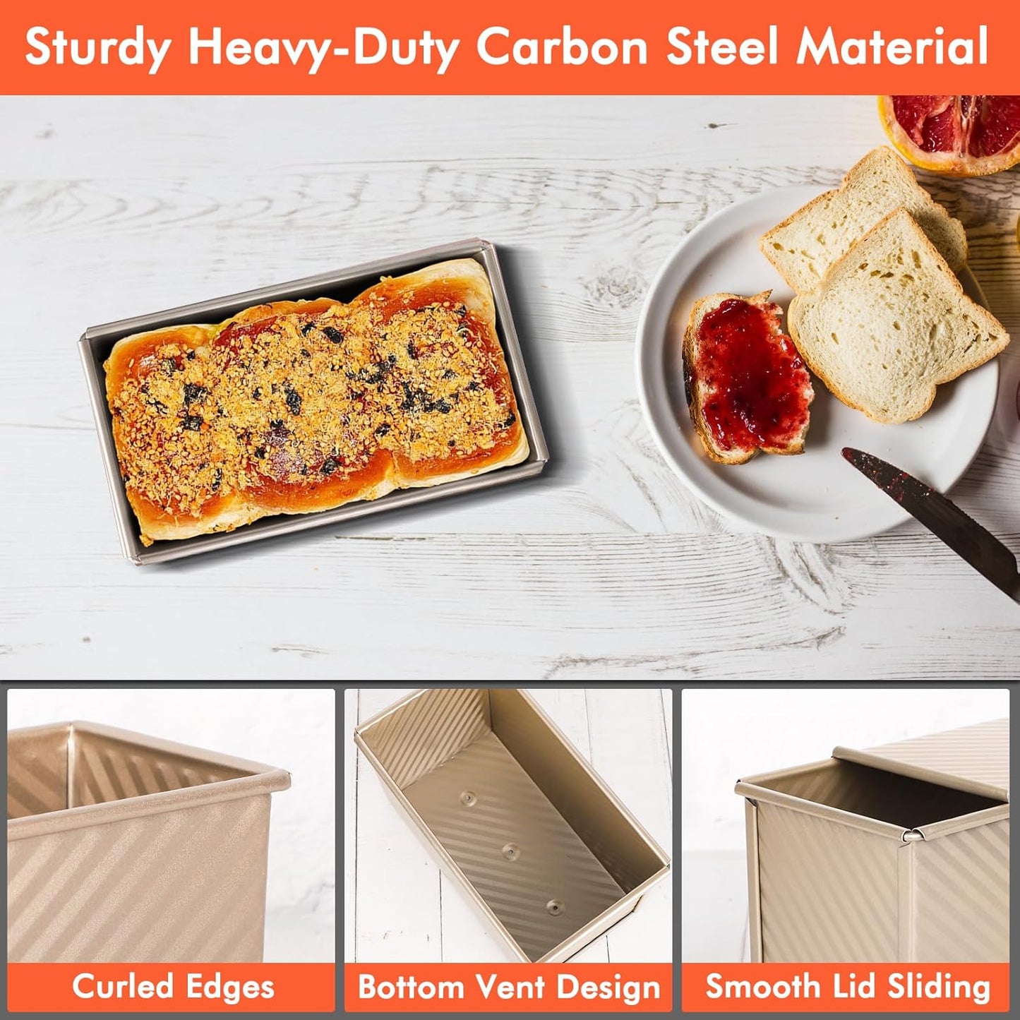 Beasea Pullman Loaf Pan With Lid, Non-Stick Carbon Steel Corrugated Bread Toast Box Mold With Cover Baking Tools - Gold