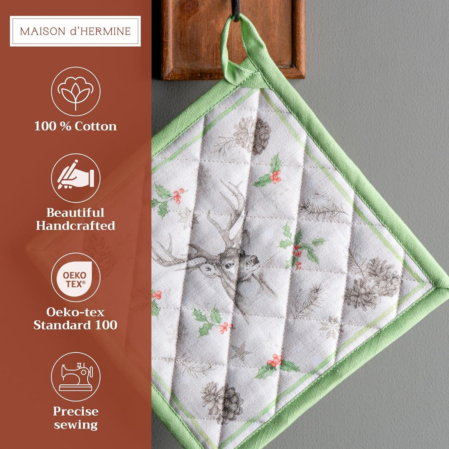 Maison d' Hermine Pot Holders 100% Cotton Heat Resistant Potholders 8" x 8" Hot Pads with Loop BBQ, Cooking, Baking, Grilling, Kitchen, Handling Hot Pans (Pack of 1, Christmas Dew)