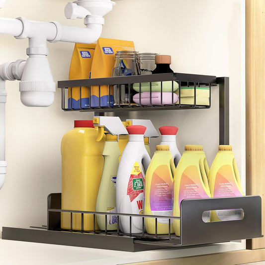 VUSIGN Under Sink Organizer, 2 Tier Pull Out Bathroom Cabinet Organizer, Under Kitchen Sink Organizers and Storage, Under Sink Shelf,1 Pack, Black