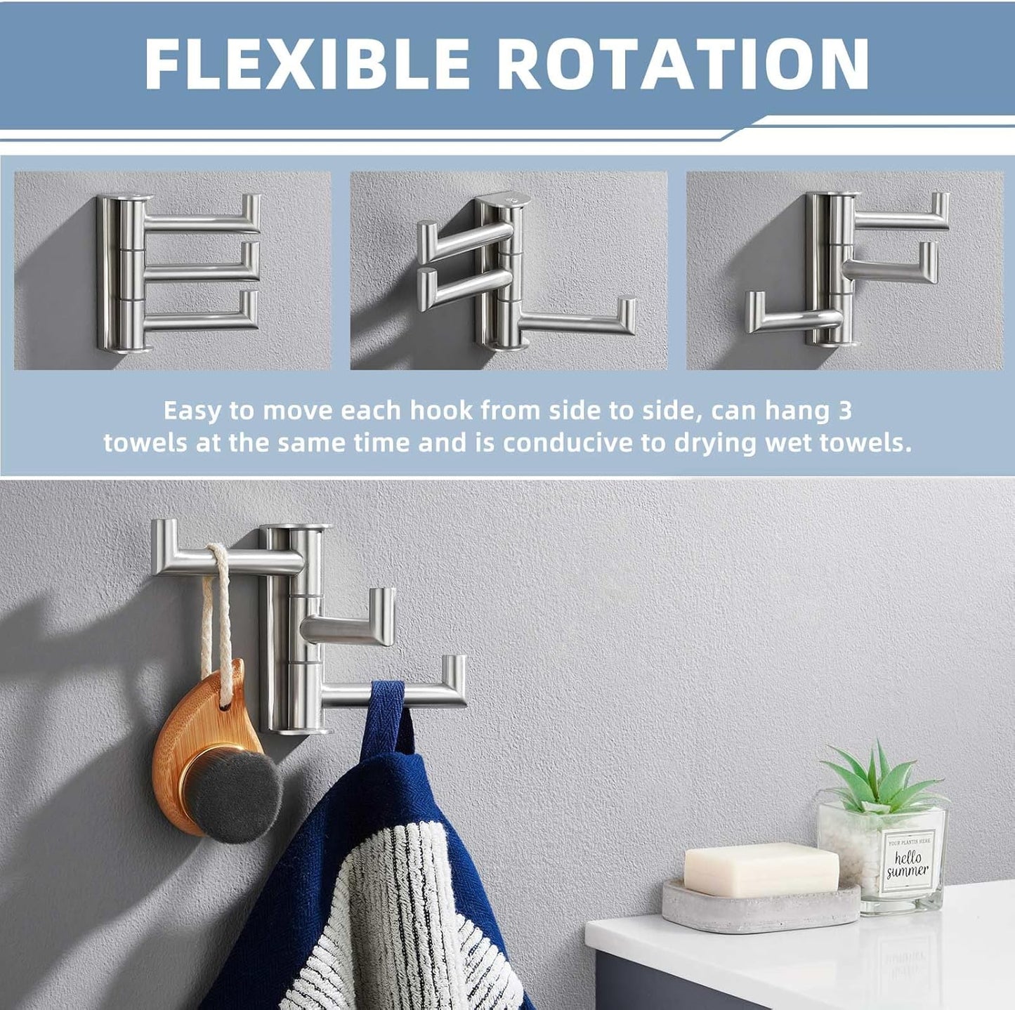 Suyar Bathroom Towel Hook 3 Arms, SUS 304 Stainless Steel Swivel Coat Robe Holder, Towel Hanger Wall Mounted, Brushed Nickel