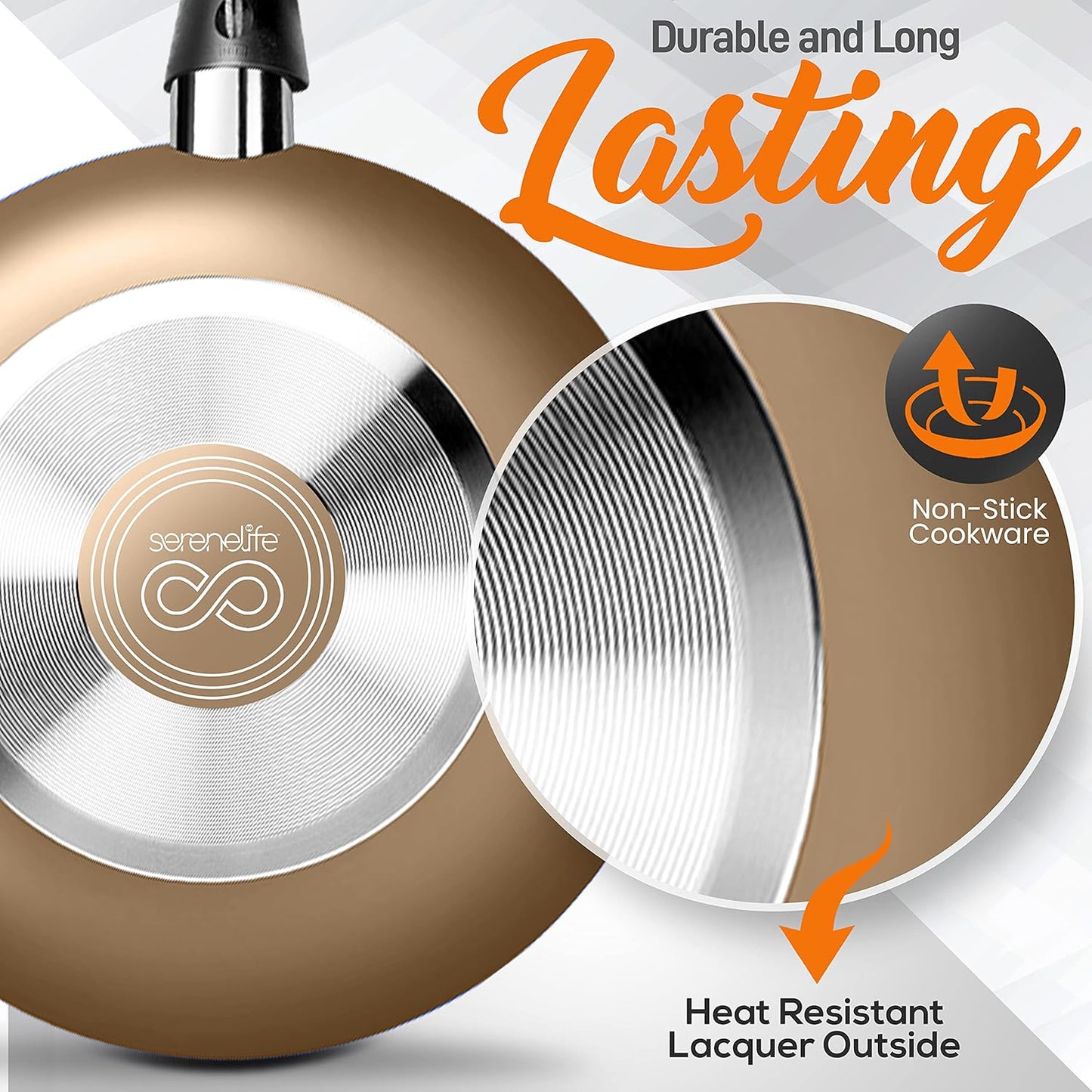 15-Piece Nonstick Kitchen Cookware Set - PTFE/PFOA/PFOS Free Heat Resistant Lacquer Kitchen Ware Pots Pan Set w/Bakelite Handles, Saucepan, Frying Pans, See-through Lid - SereneLife SLCW15GLD (Gold)