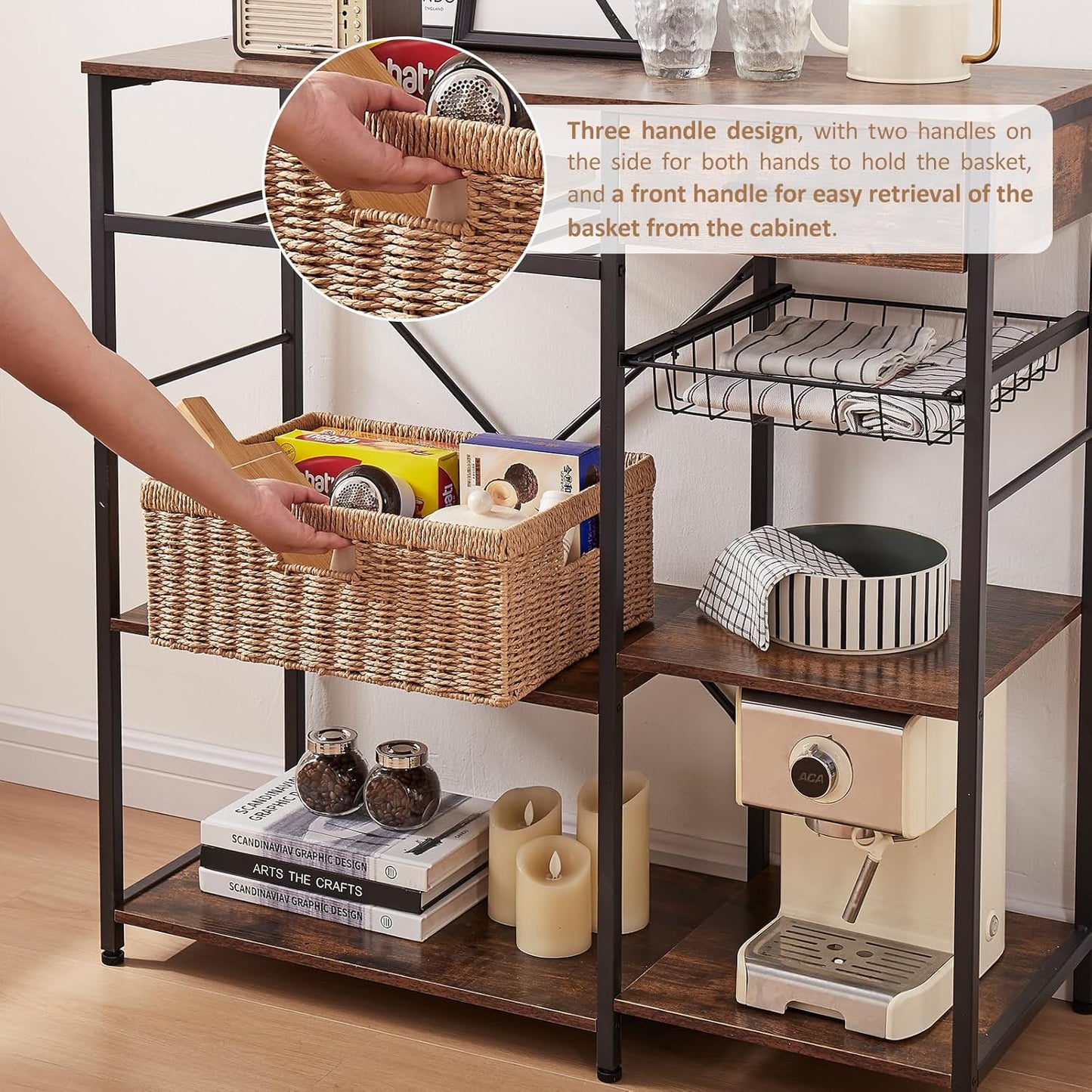 OIAHOMY Wicker Basket, Paper Shelf Basket with Built-in Handles, Rectangular Wicker Storage Bin for Pantry, Shelves, 1 Pack-Yellow