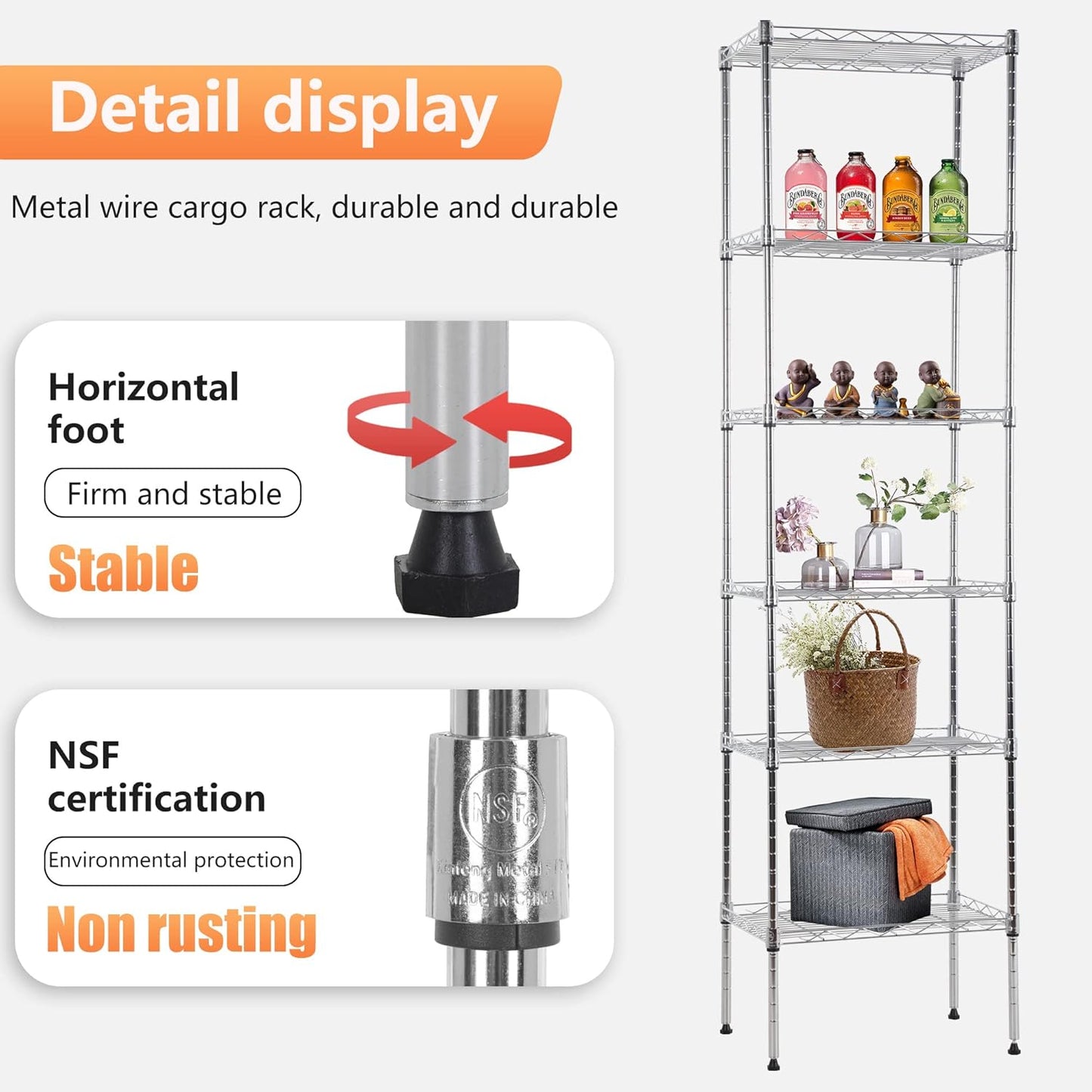 FDW 6 Tier Wire Shelving 17L x 12W x 64H Pantry Shelves Storage Rack Shelving Units Adjustable Metal Shelves for Kitchen Commercial Garage Small Places,Chrome