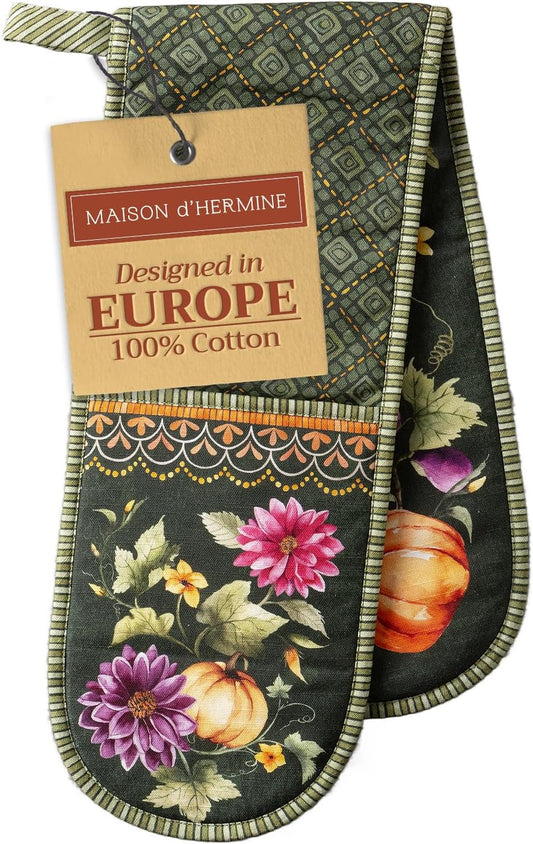 Maison d' Hermine Double Oven Mitts 100% Cotton 7"x35" Double Oven Mitt Heat Resistant BBQ Cooking Gloves with Loop, Baking, Grilling, Home, Kitchen, Handling Hot Pans (Pumpkin Garden - Dark Green)